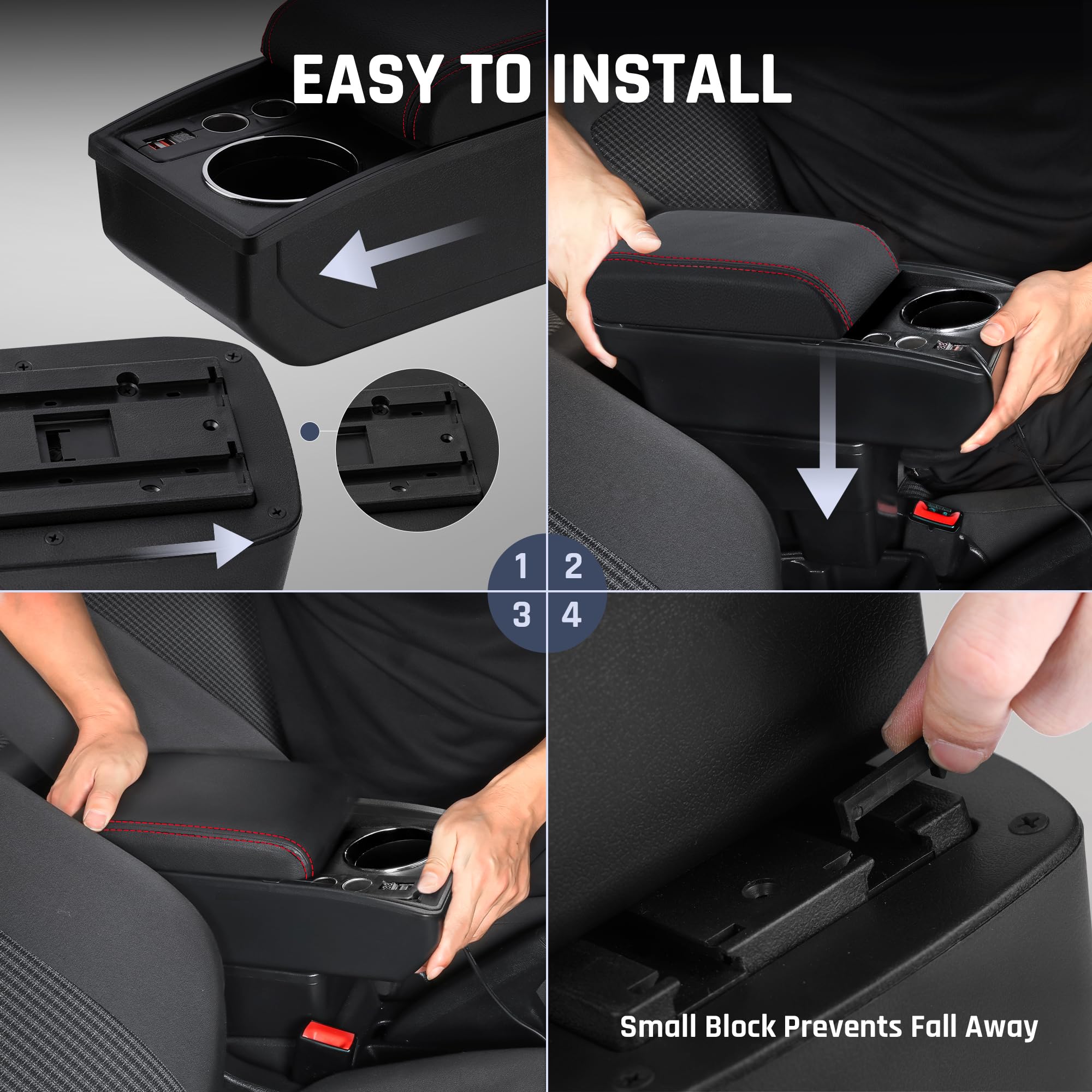 Auto Armlehnen für Renault Dacia Duster II 2018-2023 Mittelkonsolen für Kfz Doppelter Stauraum mit Getränkehalter 2 Schnelle USB-Anschlüsse Haltbares Leder Einfache Montage (Rote Linie)
