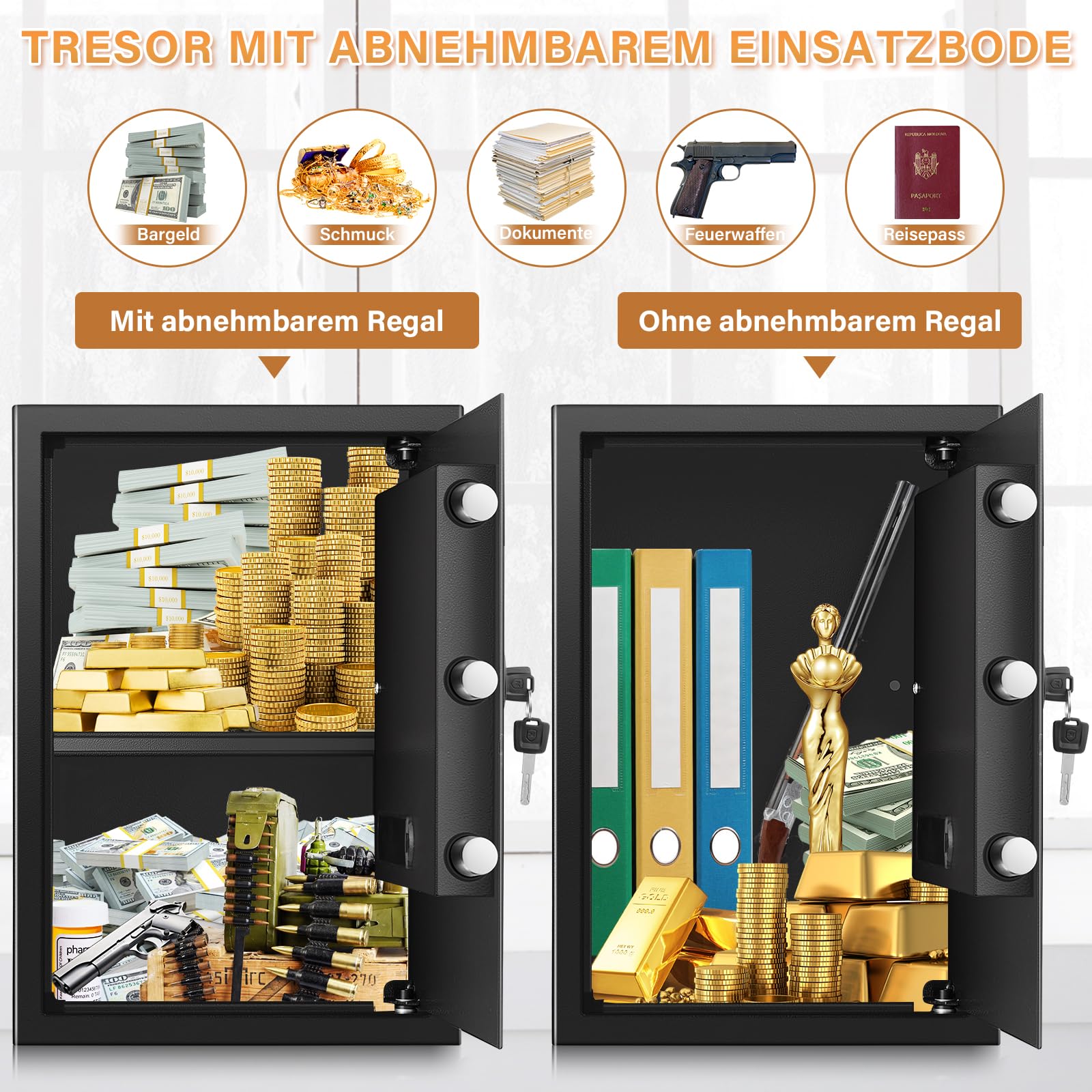 70L Großer Safe Tresor, Digitale Tresore mit Schlüssel, Alarmsystem und Abnehmbares Regal, Möbeltresor für Zuhause, Geld, Dokument and Wertgegenstände