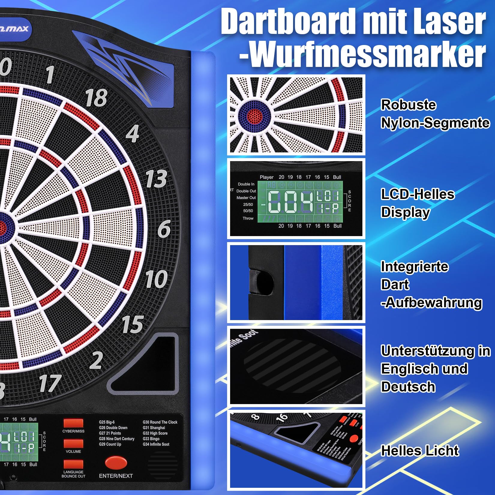 WIN.MAX Cible de fléchettes électronique professionnelle avec marqueur laser | Marqueur Toe Line avec voix allemande - Convient pour batteries/adaptateurs pour 1 à 8 joueurs avec 12 fléchettes