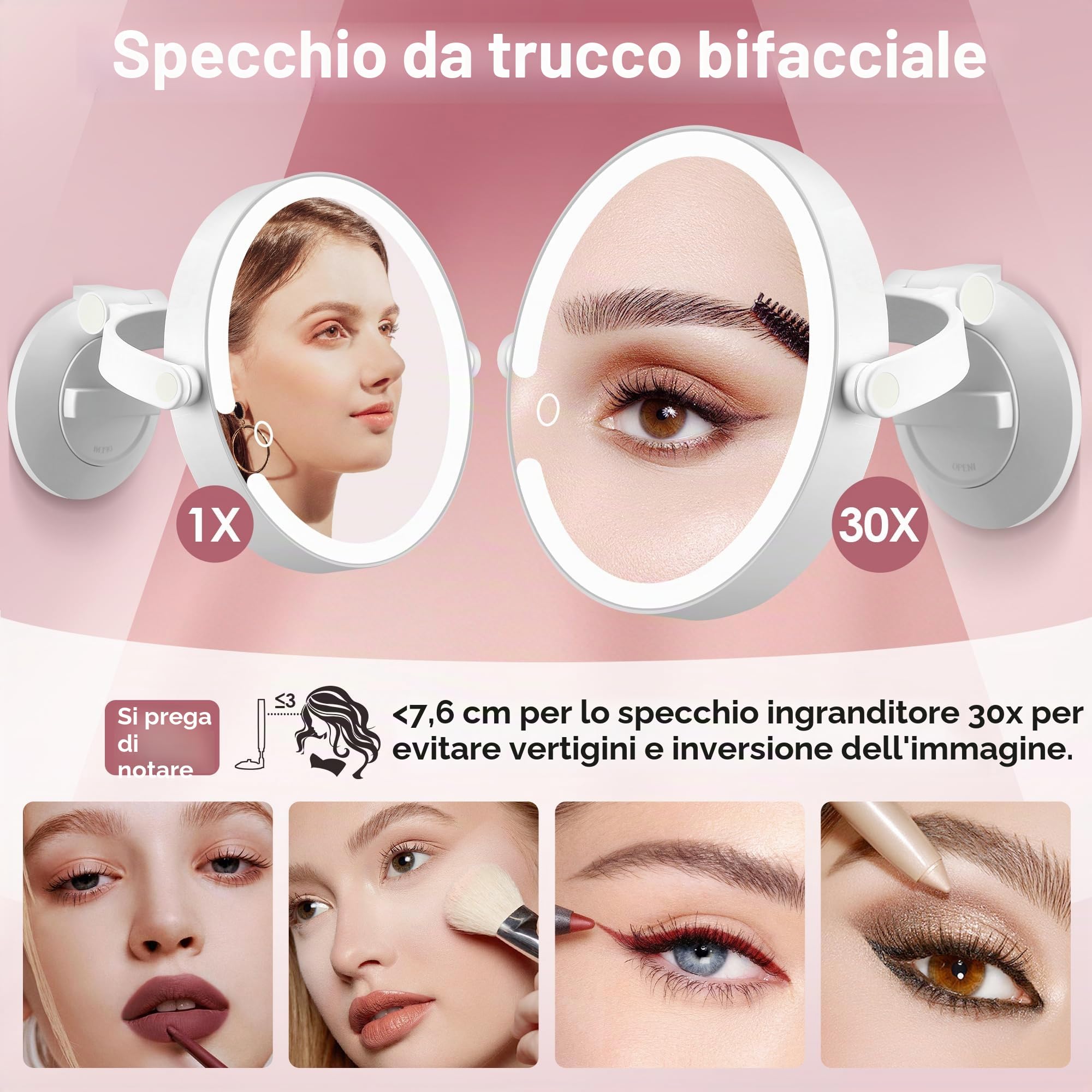 Specchio da trucco con illuminazione e specchio cosmetico con ingrandimento 30x, specchio ingranditore con ventosa con luce grande, specchio da parete