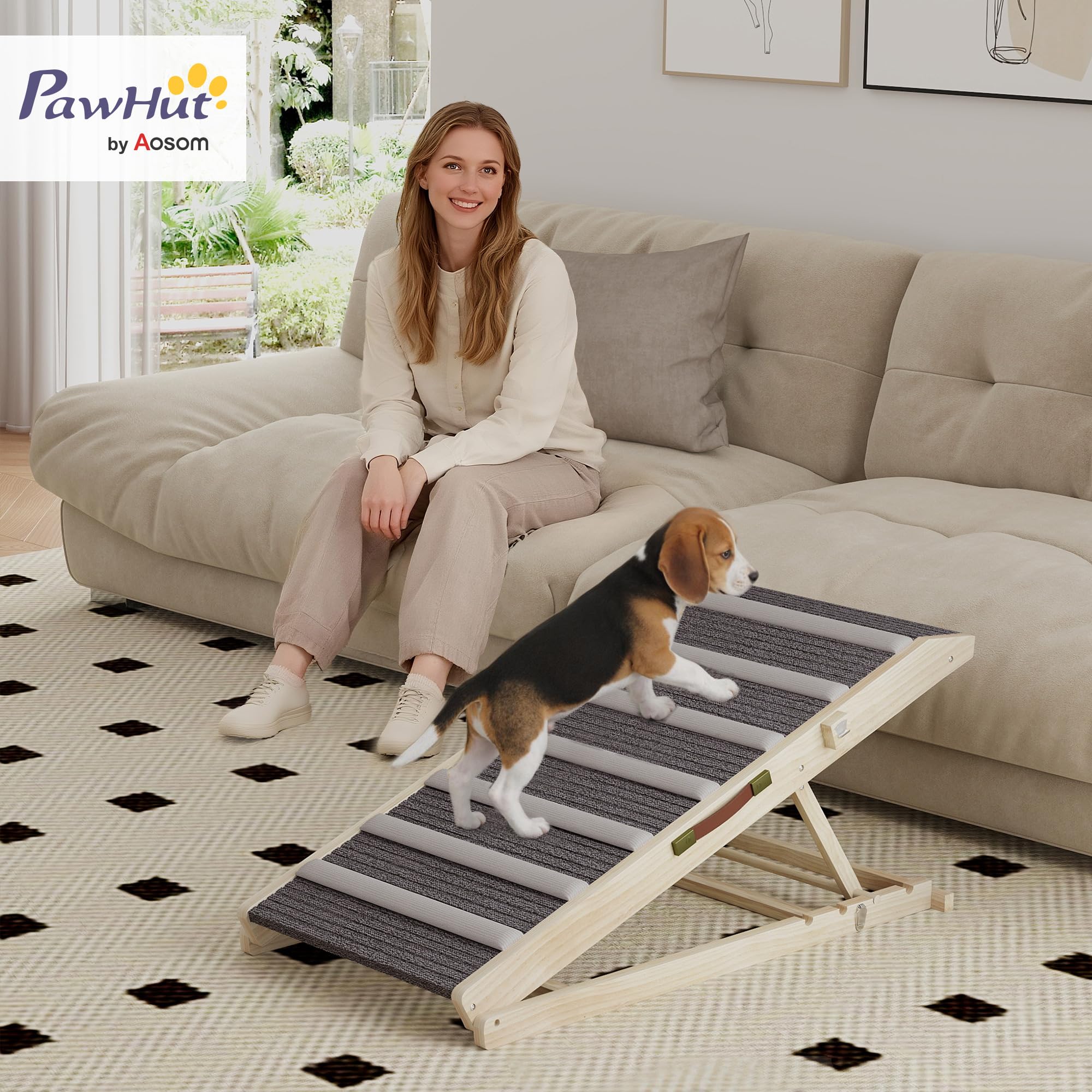 PawHut Rampa para Perros Plegable y Altura Ajustable 35-50 cm, Rampa para Mascotas de Madera con Alfombrilla Antideslizante y Asa, para Perros Pequeños Medianos y Grandes, para Cama Sofá, 100x50x50 cm