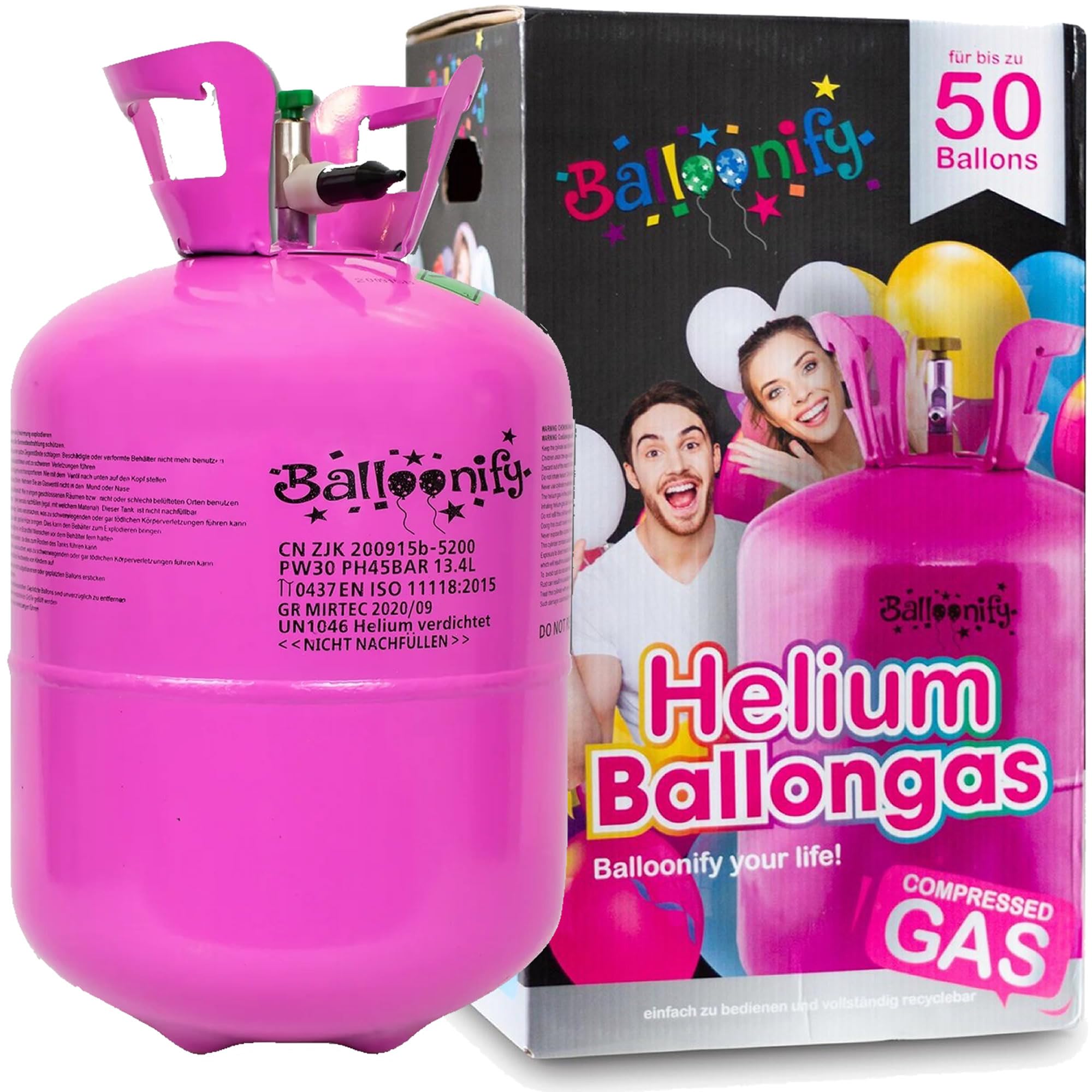 BALLONGAS FÜR 50 Luftballons + 50 Ballons + FÜLLVENTIL | Helium Einweg Flasche Luftballon Folienballon Deko Geburtstag Party Hochzeit