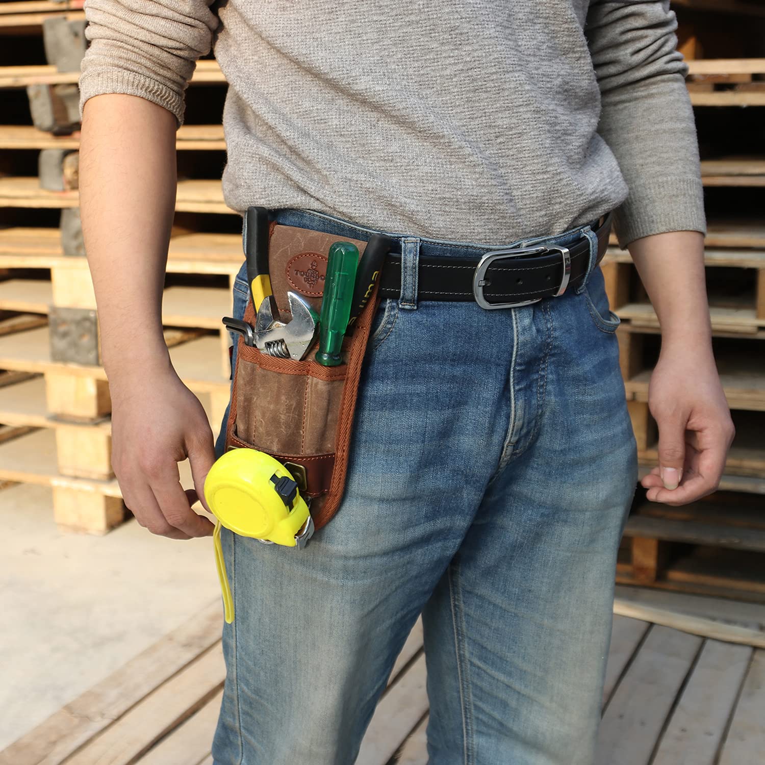 Tour de Ceinture en Toile Cirée et Cuir Outil Ceinture Holster avec Support Mètre Ruban pour Électricien Atelier Marron