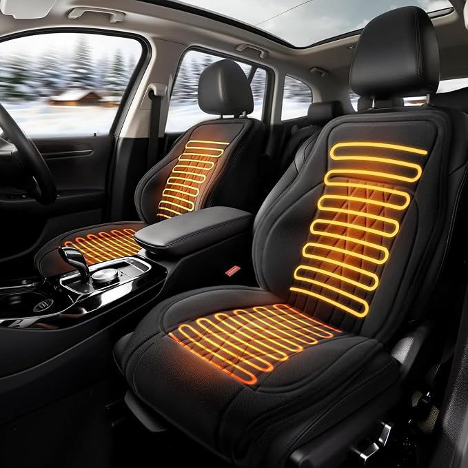 ATKTTOP 2Pcs Universal Car Seat Cushion with Lumbar Support & 4H Timer, Premium Comfort Velour Car Seat Cover for Driver and Passenger Sides, Fits Cars, Trucks, SUVs, and Vans