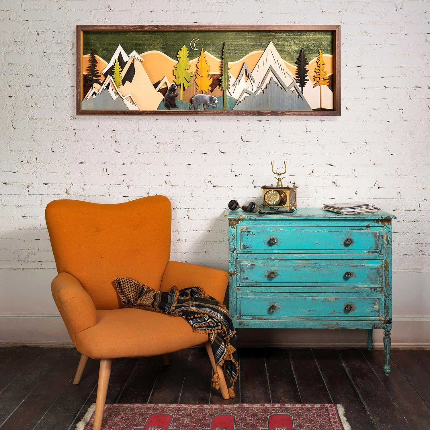 wooden mountain wall art framed forest scape cabin home