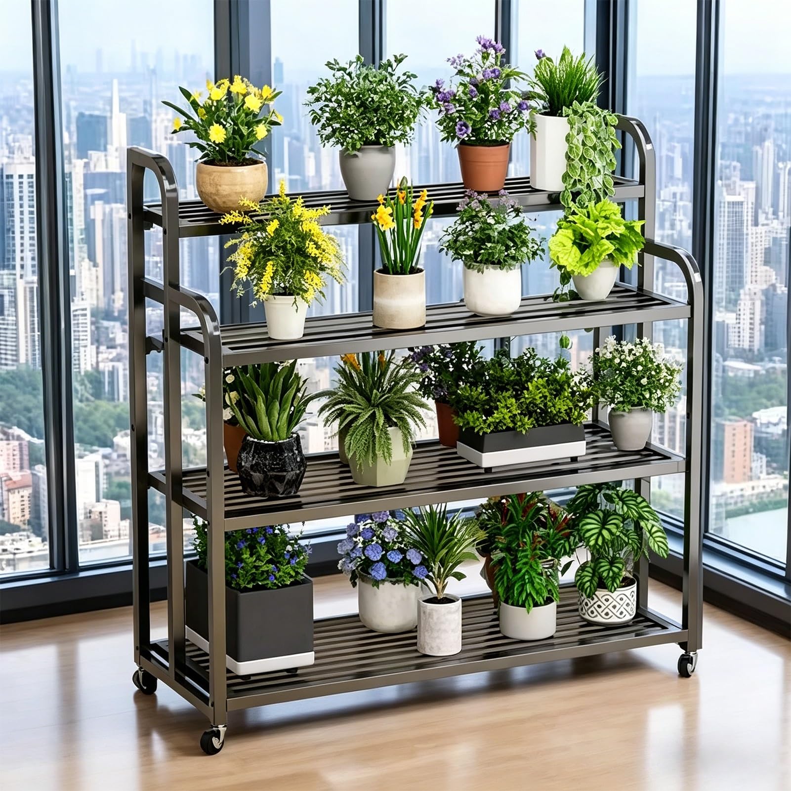 DMCHENGMA Black Tiered Flower Display Stand, Metal Flower Presentation Rack with Wheels, 4 Tier Heavy Duty Plant Holder(100x40x120cm)