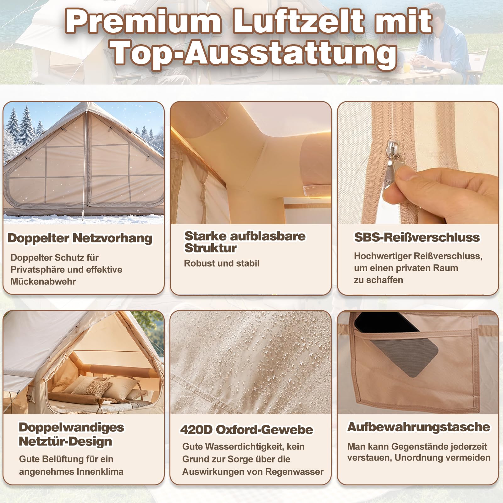 Aufblasbares Campingzelt mit Kaminöffnung & Dachfenster, für 2-10 Personen, wasserdichter Oxford-Stoff, Luftpumpe