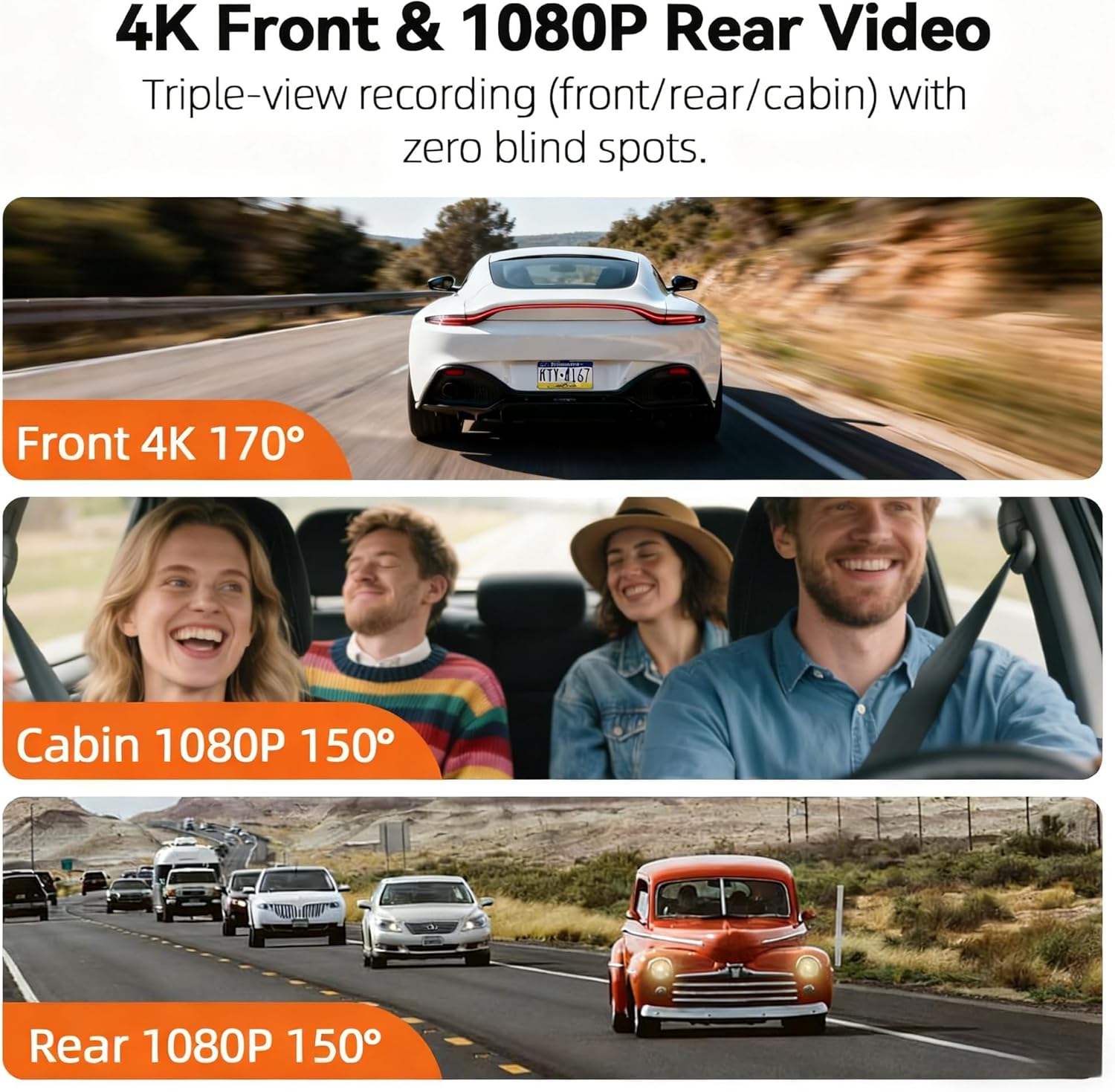 JIMIMAX 4K+1080P+1080P 3 Channel Dash Cam Front and Rear with Cabin, Free 128GB Card Included, 5.8GHz WIFI6 Dash Camera, IR Night Vision, Built-in GPS, G-Sensor, 24H Parking Mode, Support 512GB Max