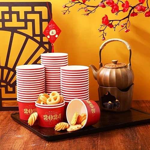 Miniatura 6 de Nuanchu Paquete de 100 tazas de aperitivos de Año Nuevo chino, 9 onzas, cuencos de papel de Año Nuevo Lunar para aperitivos Año del Dragón, cuencos
