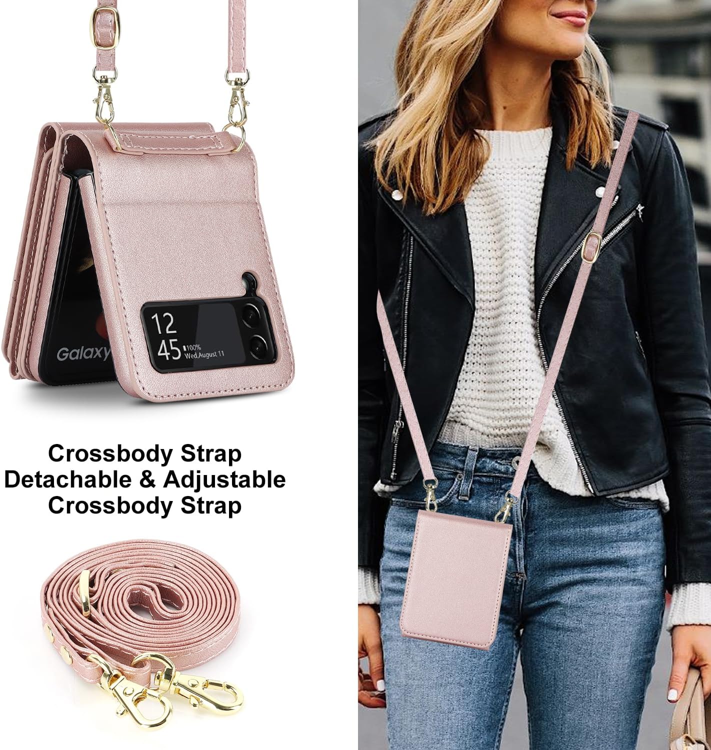 SHIEID Galaxy Z Flip 4 Leather Case with Card Holder, Slim Flip 4 Case with Mirror, Drop-Proof Z Flip4 Case with Leather Ring, Compatible with Samsung Galaxy Z Flip 4 Case, Rose Gold