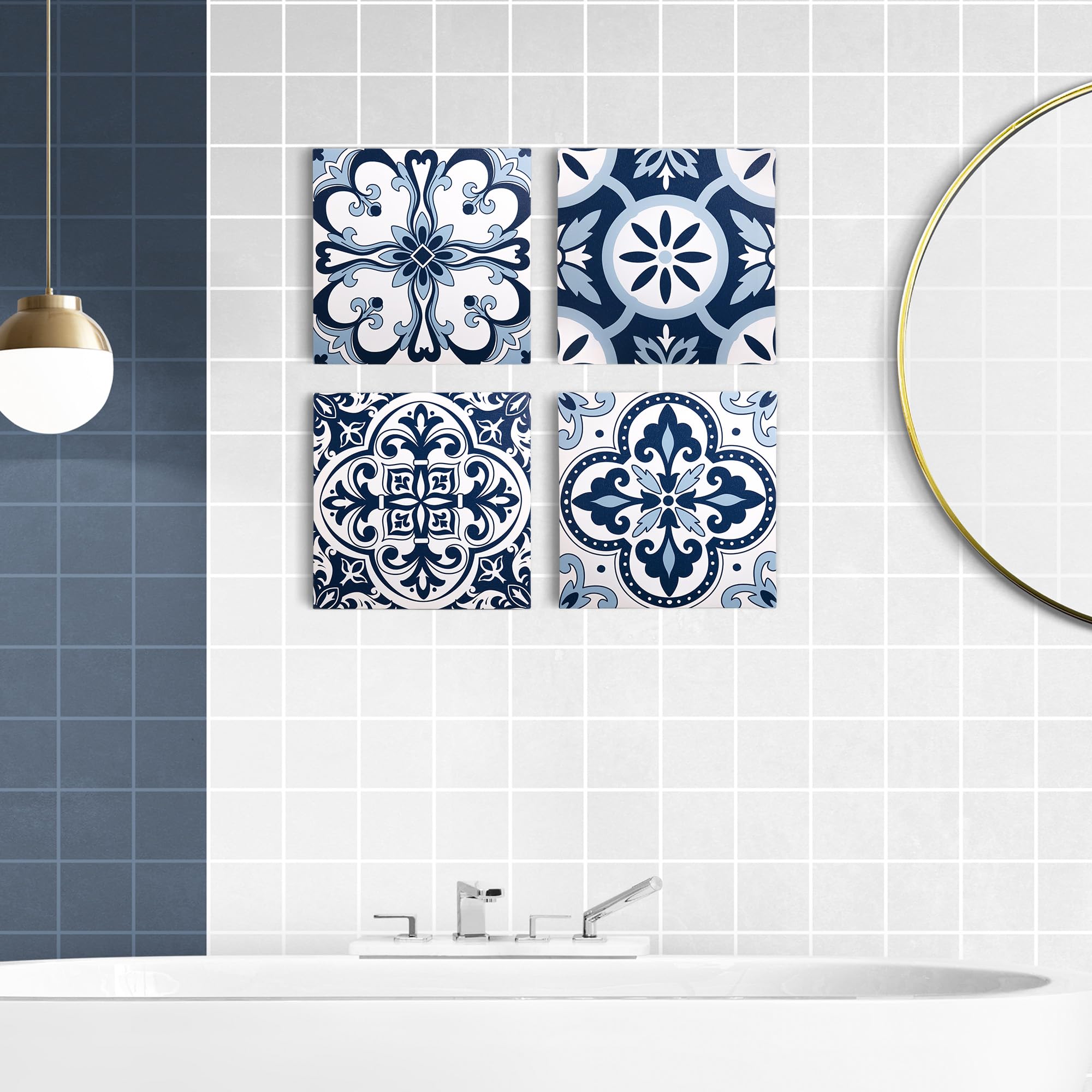 ArtbyHannah Lot de 4 toiles murales encadrées avec motif fleurs vintage bleu marine – Œuvre d'art esthétique pour salle de bain, salon, décoration