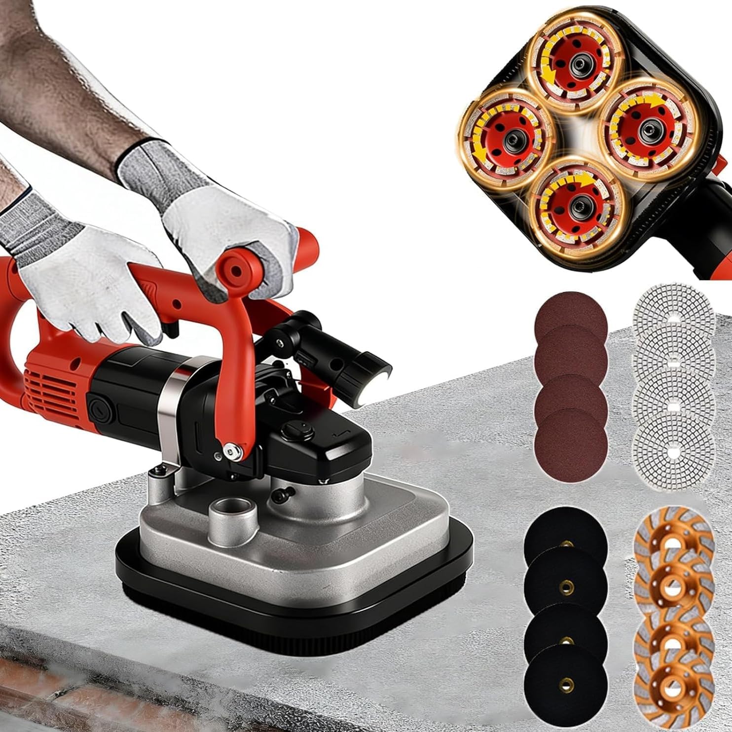 4-Head Concrete Grinder Set, 3600W Wall Floor Sander with LED Light & 16PCS Different Discs, 6-Speed Control, for Metal, Stone, Cement and Brick