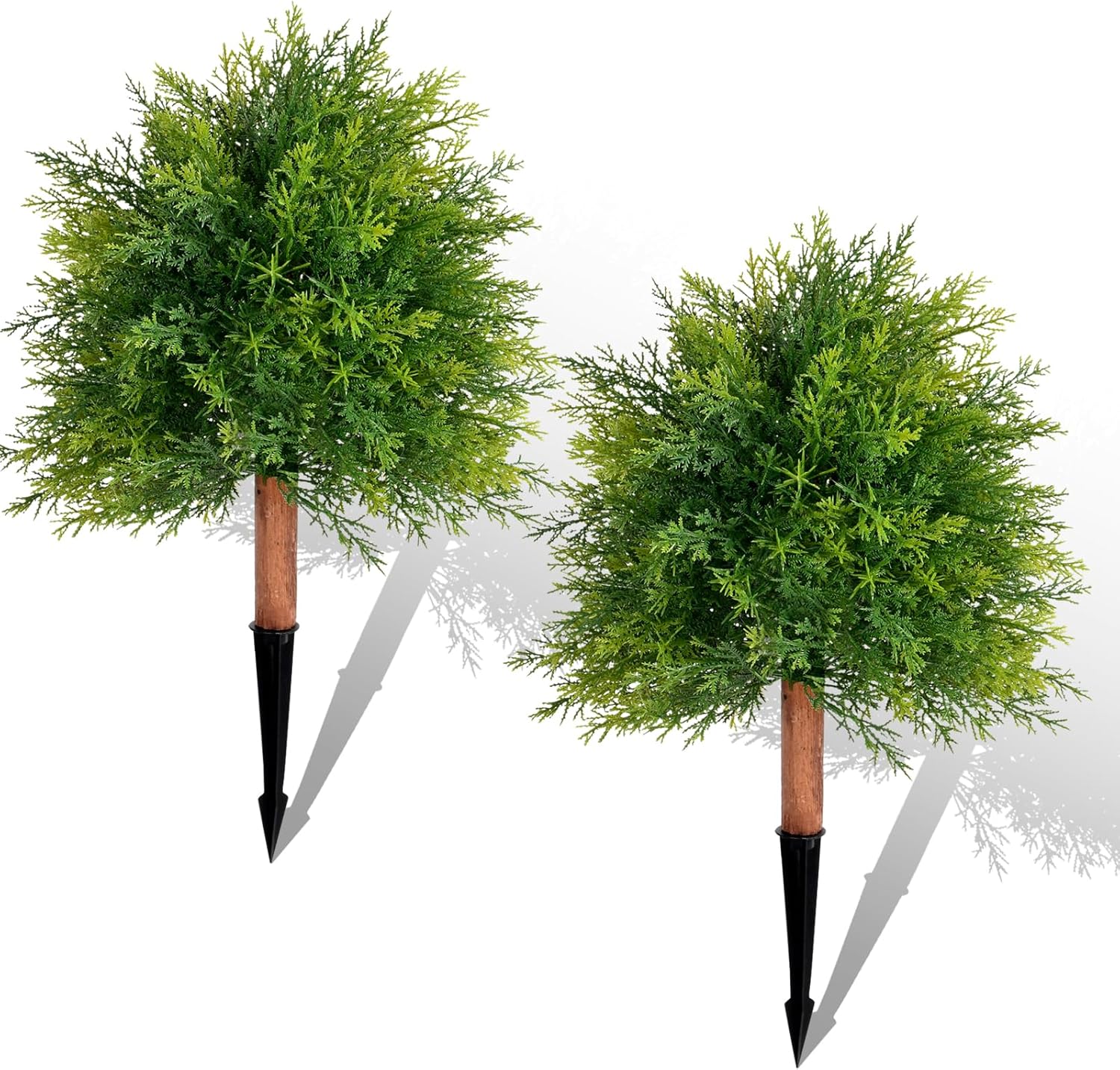 Artificial Cedar Topiary Ball Trees, Set of 2 28" UV Resistant Fake Plants with Realistic Evergreen Foliage, Faux Shrubs with Ground Spikes, Bushes for Outdoor Front Porch Patio Indoor Garden Decor