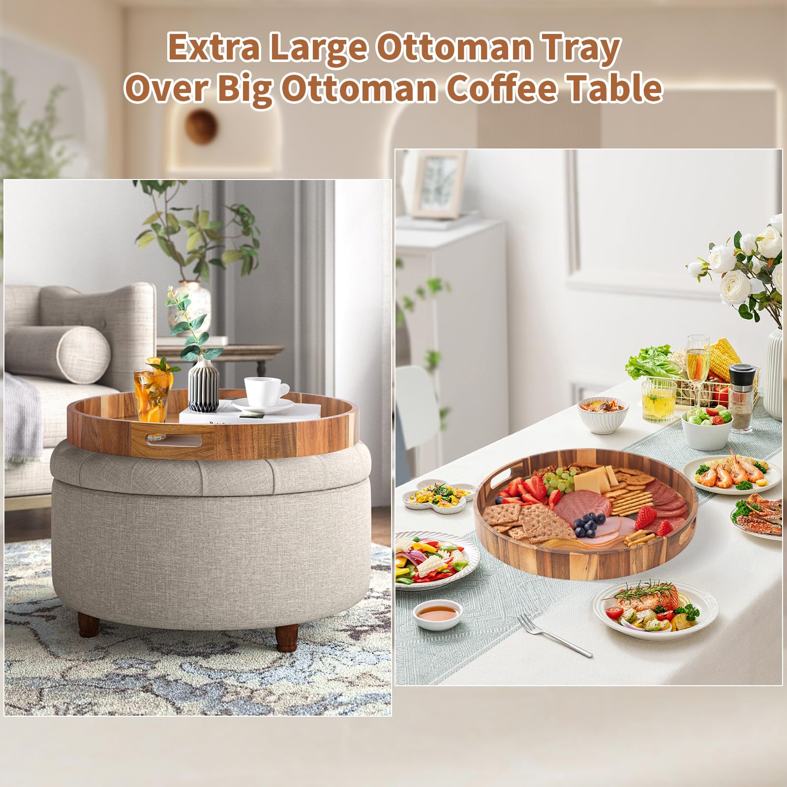 GinSent Vassoio da portata rotondo extra large da 55 cm, con manici, vassoio decorativo in legno ottomano per soggiorno, vassoio a prova di perdite per colazione, caffè, tè (acacia)