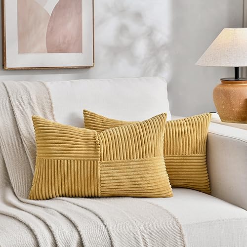 Miniatura 2 de Fancy Homi Fundas de almohada decorativas lumbares de color amarillo mostaza de 12 x 20 pulgadas para sala de estar, sofá cama, estilo rústico