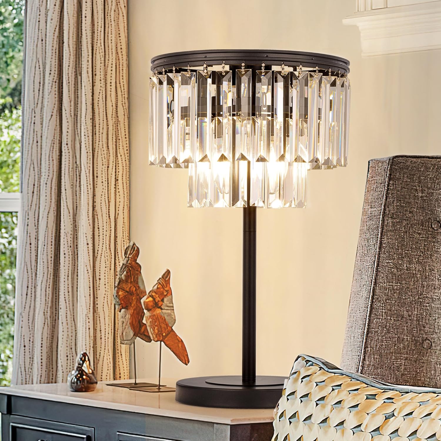 Wellmet Black Crystal Table Lamp, 3 Lights Bedside Lamps for Nightstand, Modern Farmhouse Living Room Table Lamp, Desk Reading Lamp for Bedroom, Home Office, Kids Room (E12 Base)