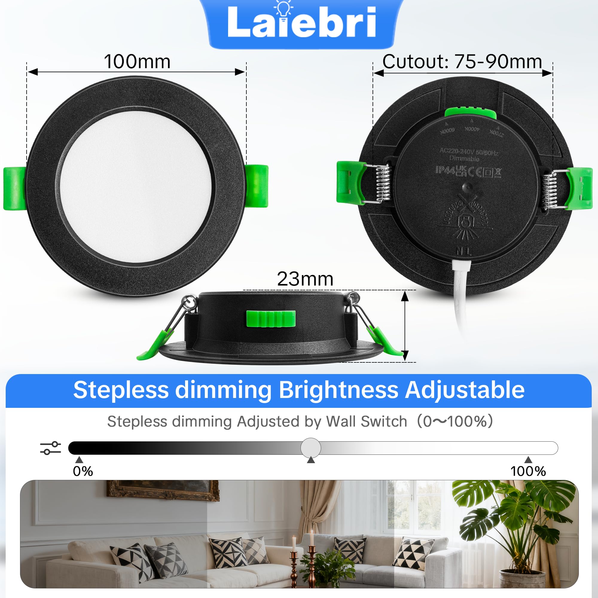 Juego de 10 focos LED empotrables negros de 230 V - Focos de techo extra planos IP44 - Ø 75-90 mm, 6W, 600lm, 2700 K/4000 K/6000 K, Iluminación LED para baño, salón y cocina DAW
