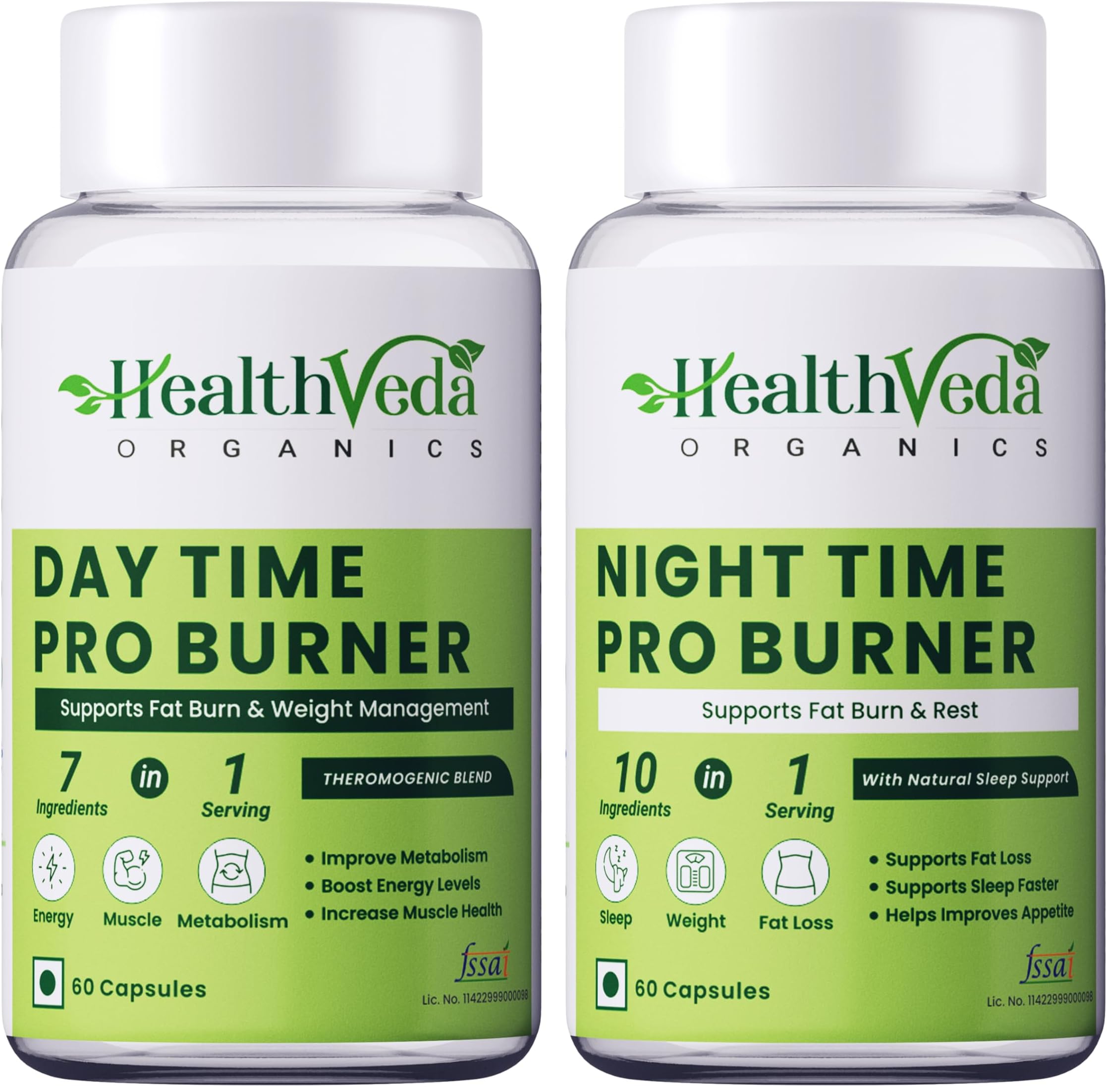 HEALTH VEDA ORGANICS PRIVATE LIMITED Organics Day & Night Fat Burner Capsules for Men & Women | 24-Hour Metabolic Support & Weight Loss Support | 60 Capsules Each Pack