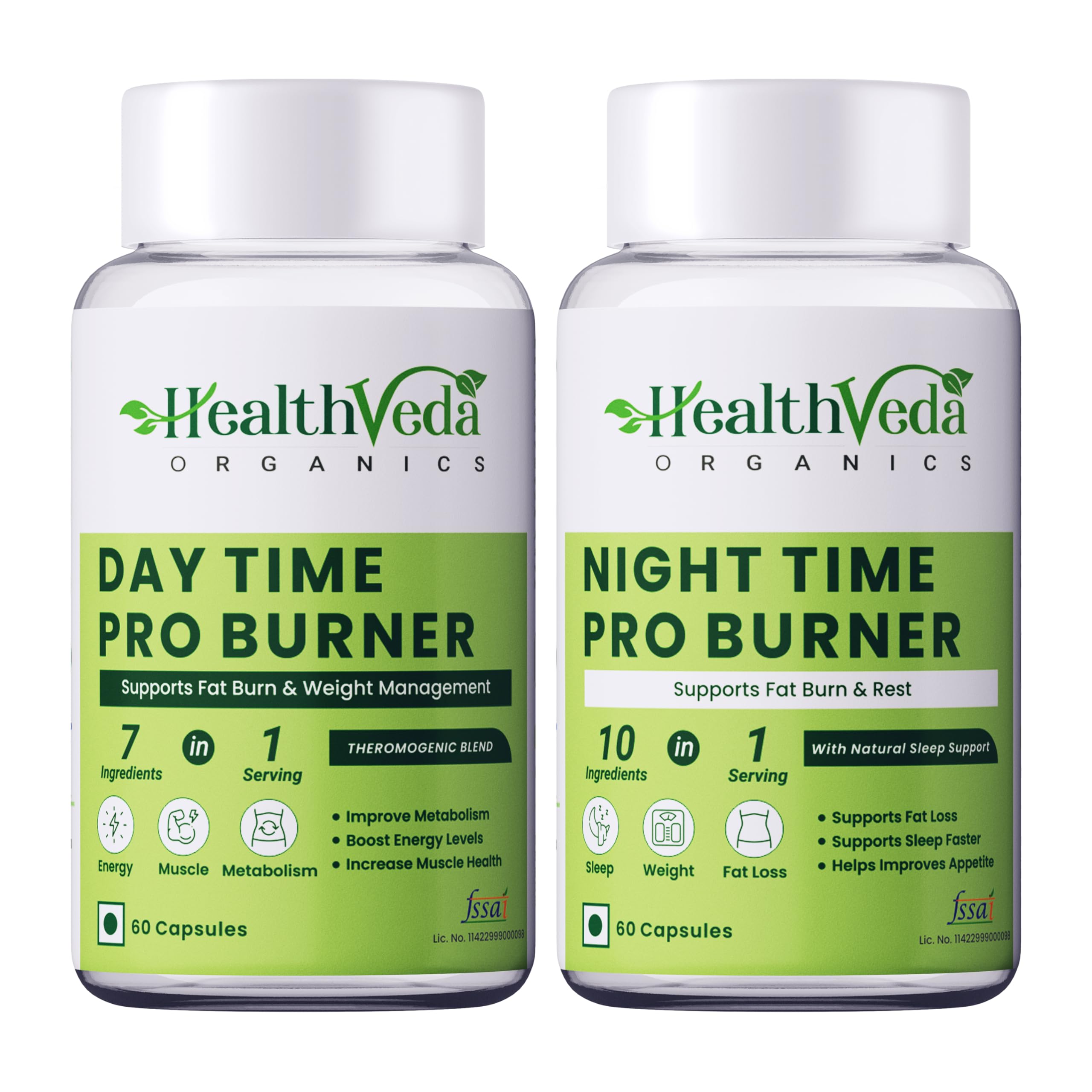HEALTH VEDA ORGANICS PRIVATE LIMITED Organics Day & Night Fat Burner Capsules for Men & Women | 24-Hour Metabolic Support & Weight Loss Support | 60 Capsules Each Pack