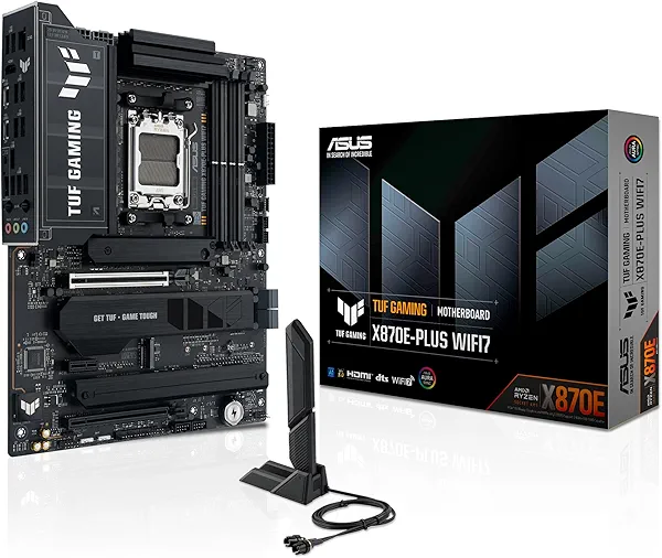 TUF Gaming X870E-PLUS WIFI7 AMD X870E ATX Motherboard with 16+2+1 80A Power Stages, DDR5 Support with AEMP, PCIe 5.0 x16 with PCIe Slot Q-Release Slim, Four M.2 Slots, WiFi 7 with ASUS WiFi Q-Antenna