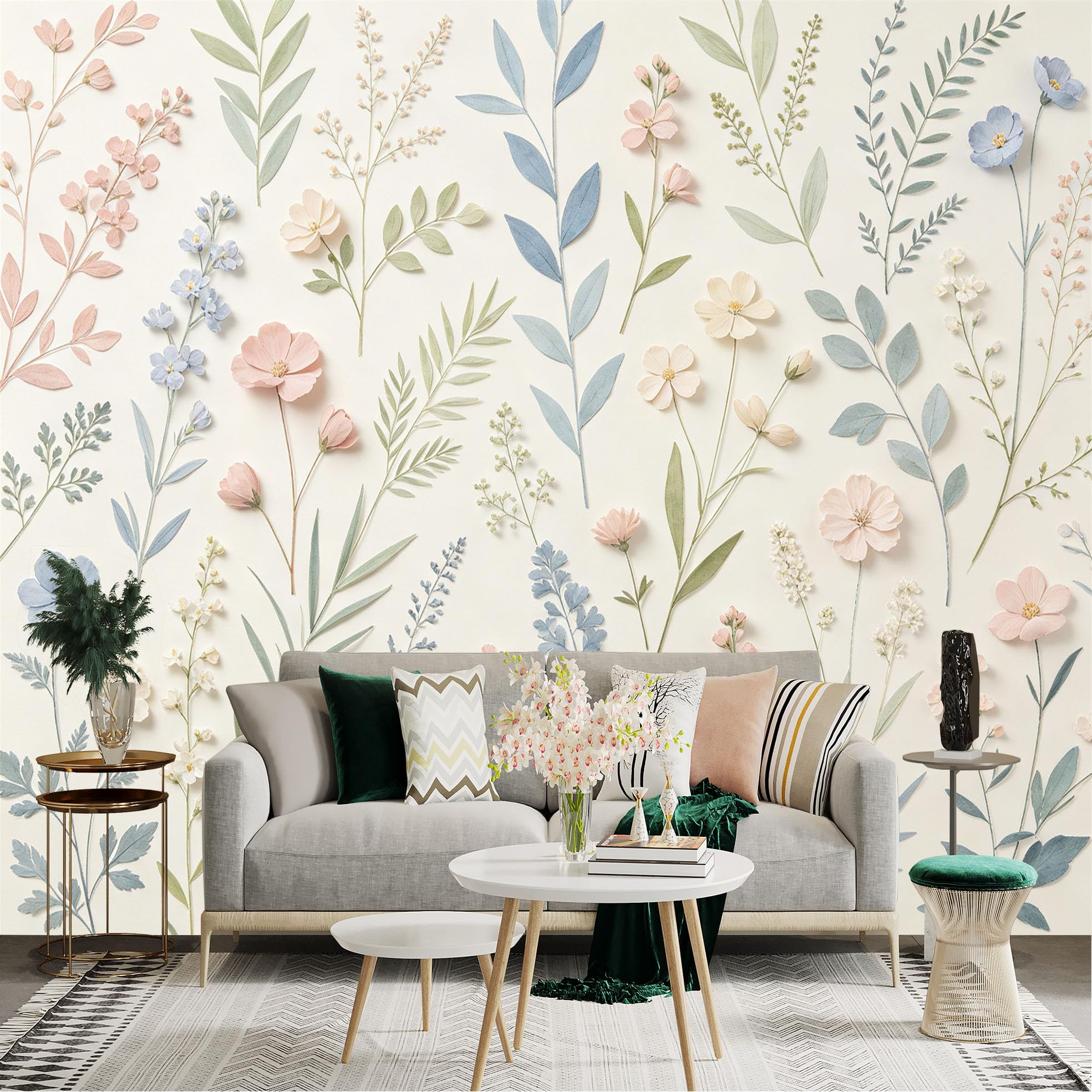 Lnzczhyre Dbh260521150 Custom Size Wall Sticker Mural， Soft Pastel Wildflowers， Botanical Foliage， Elegant Floral Pattern， Delicate Spring Garden， For Wall Decoration， Peelandstick Wall Decals.
