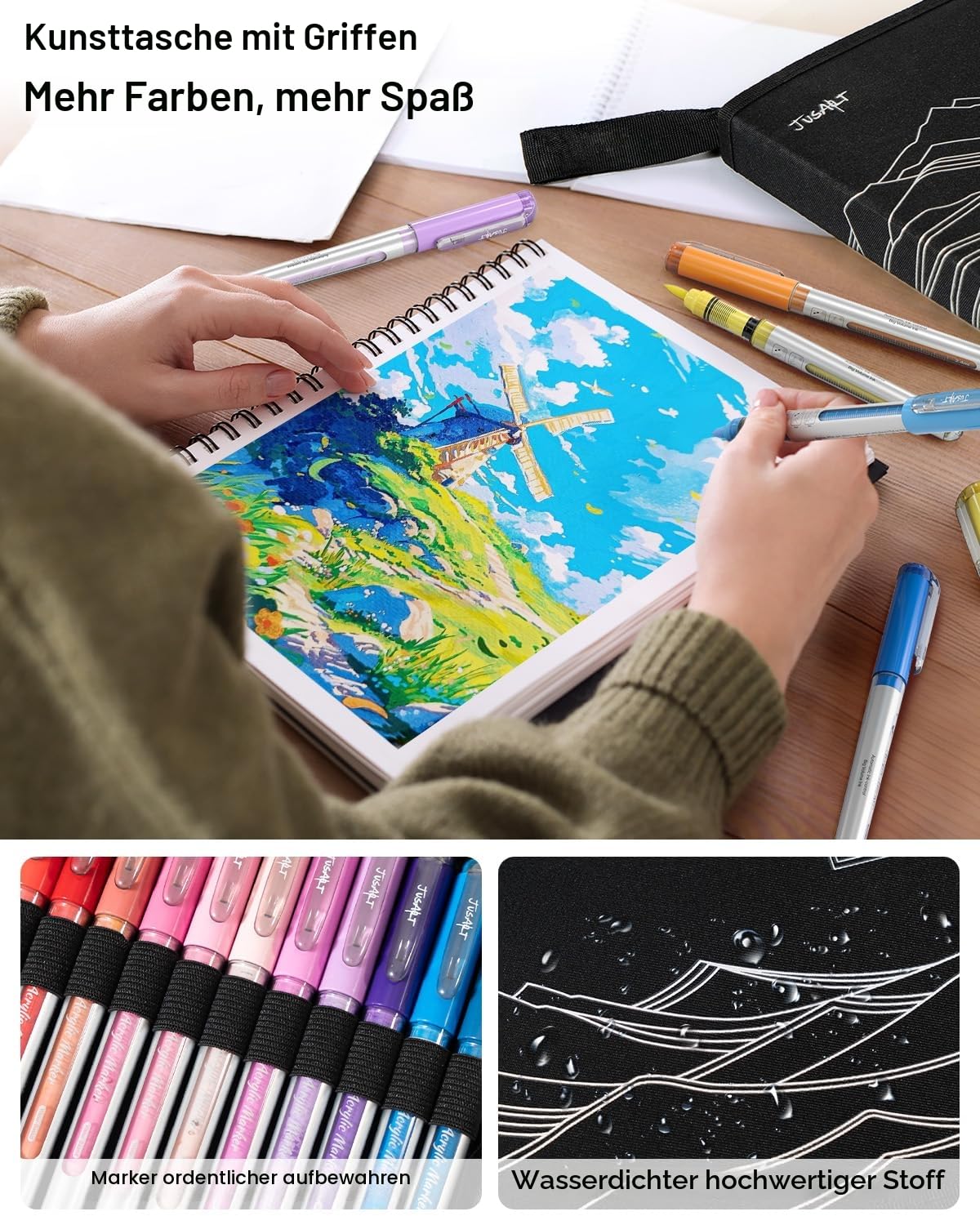 JusArt Acryl-Malmarkierer mit 72 Farben und Leinenbeutel, wasserbasierte Malstifte, die nicht verlaufen, mit automatischer Tintenkontrolle, wasserfeste Pinselmarkierer für