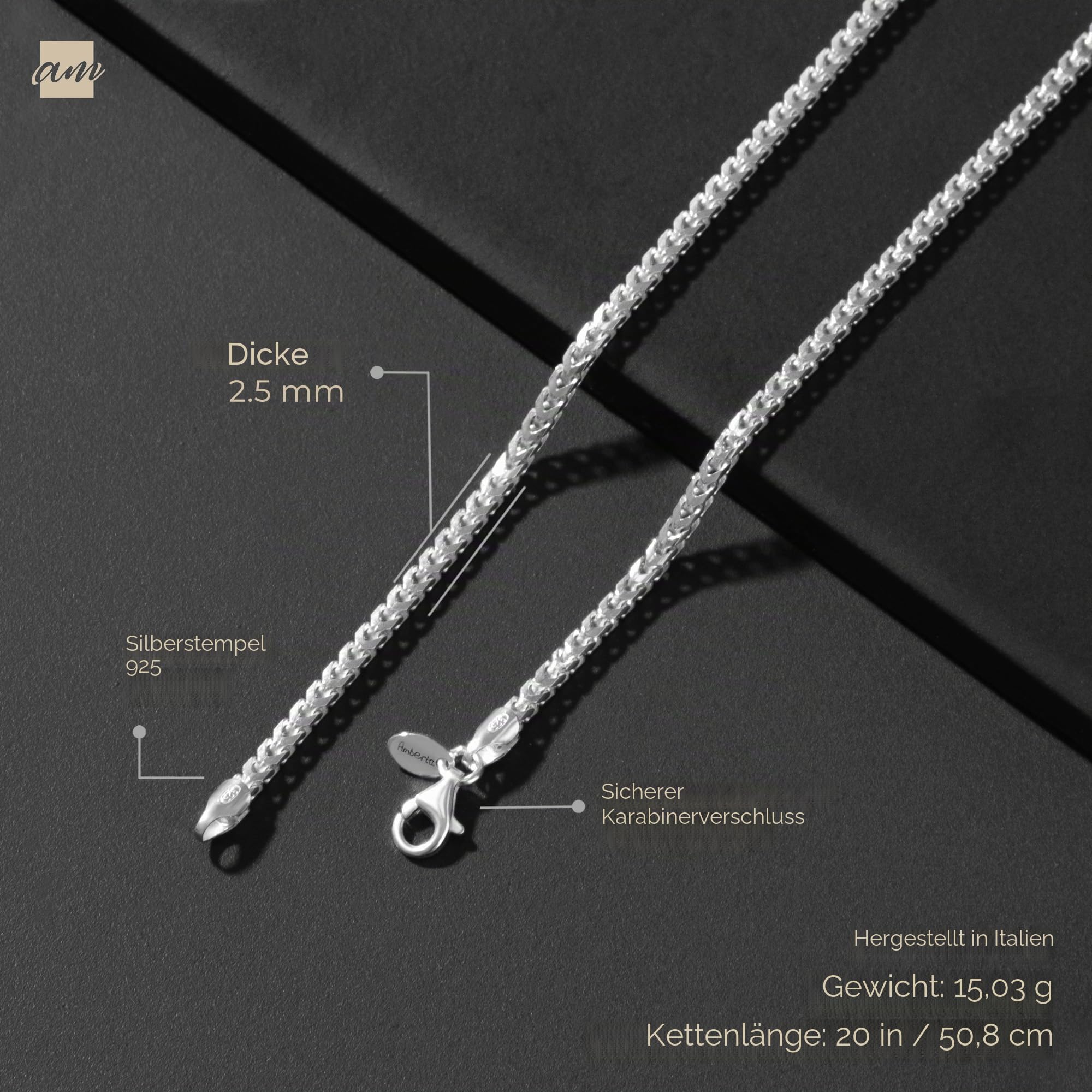Amberta 925 Sterling Silber Halskette für Herren - Franco-Kette 2.5 mm