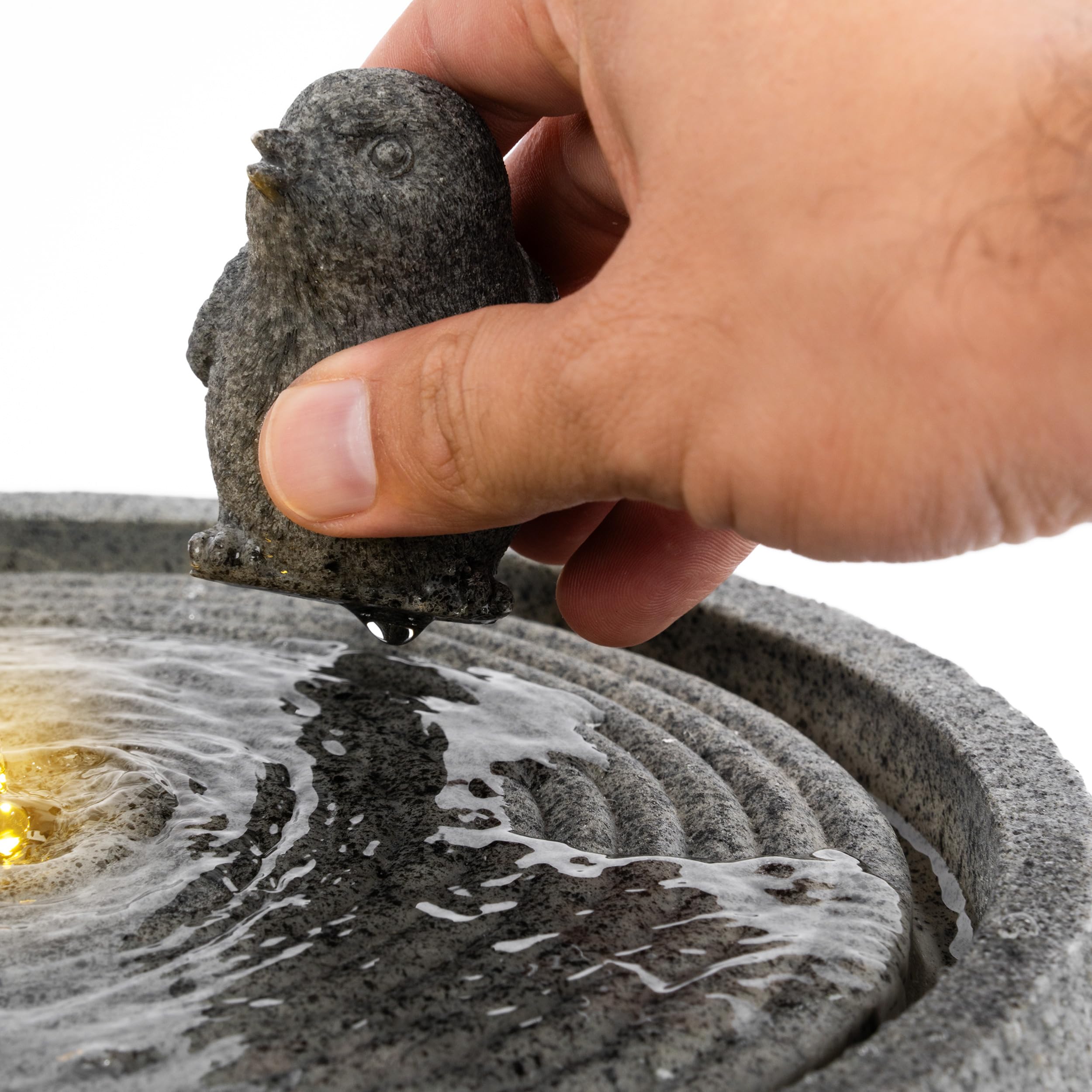 esotec Springbrunnen Wasserbrunnen mit LED Beleuchtung Vogelpaar, Komplettset, USB-Ladung, Timer, Solarmodul, Akku, LED-Licht warmweiß, 5m Kabel, Erdspieß und Wandhalterung Outdoor 101370