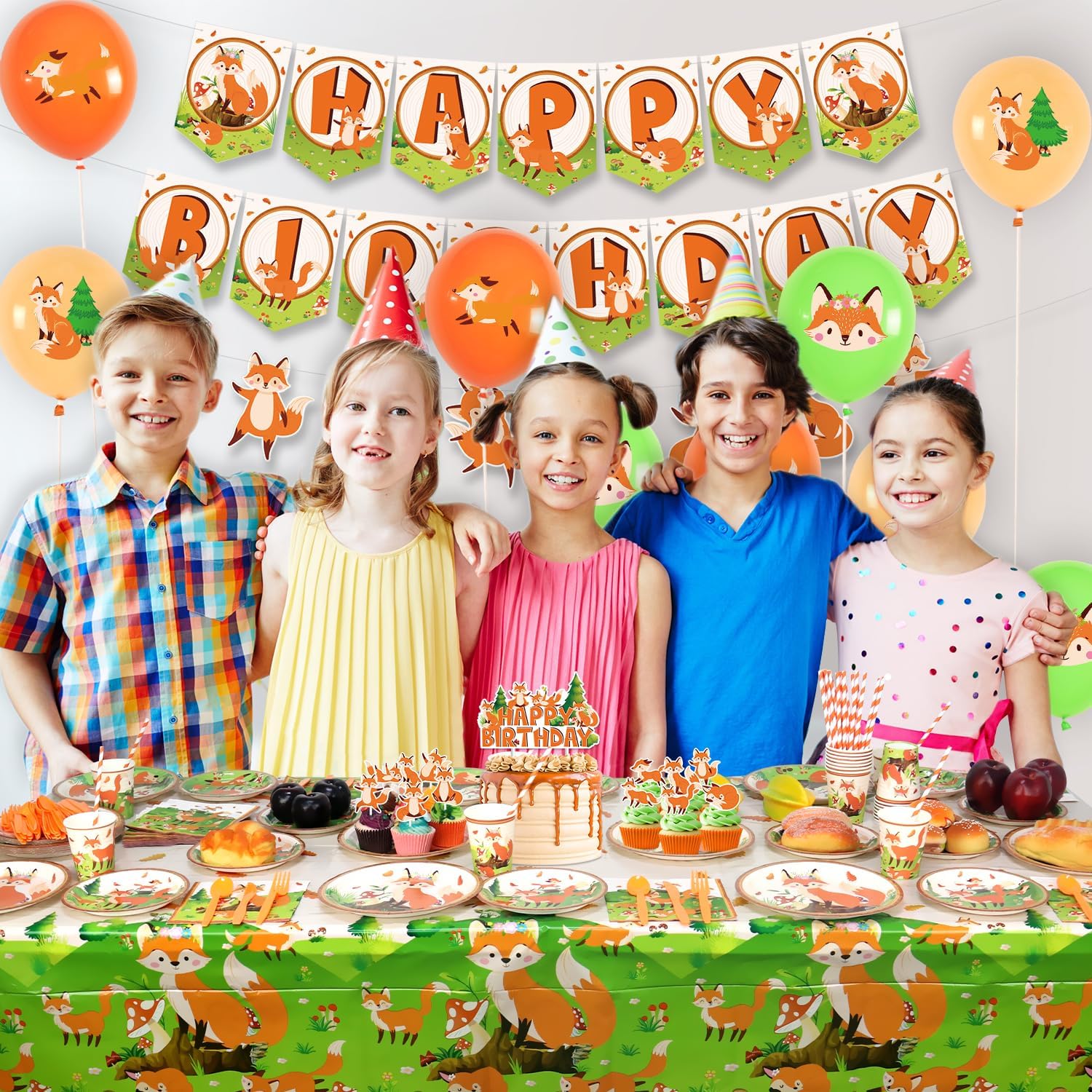 Fox Birthday Party Supplies, Includes Banners, Plates, Cupcake Toppers, Napkins, Cups, Tablecloths, for Girl Boy Fox Theme Baby Shower Birthday Party Decorations Serves 20