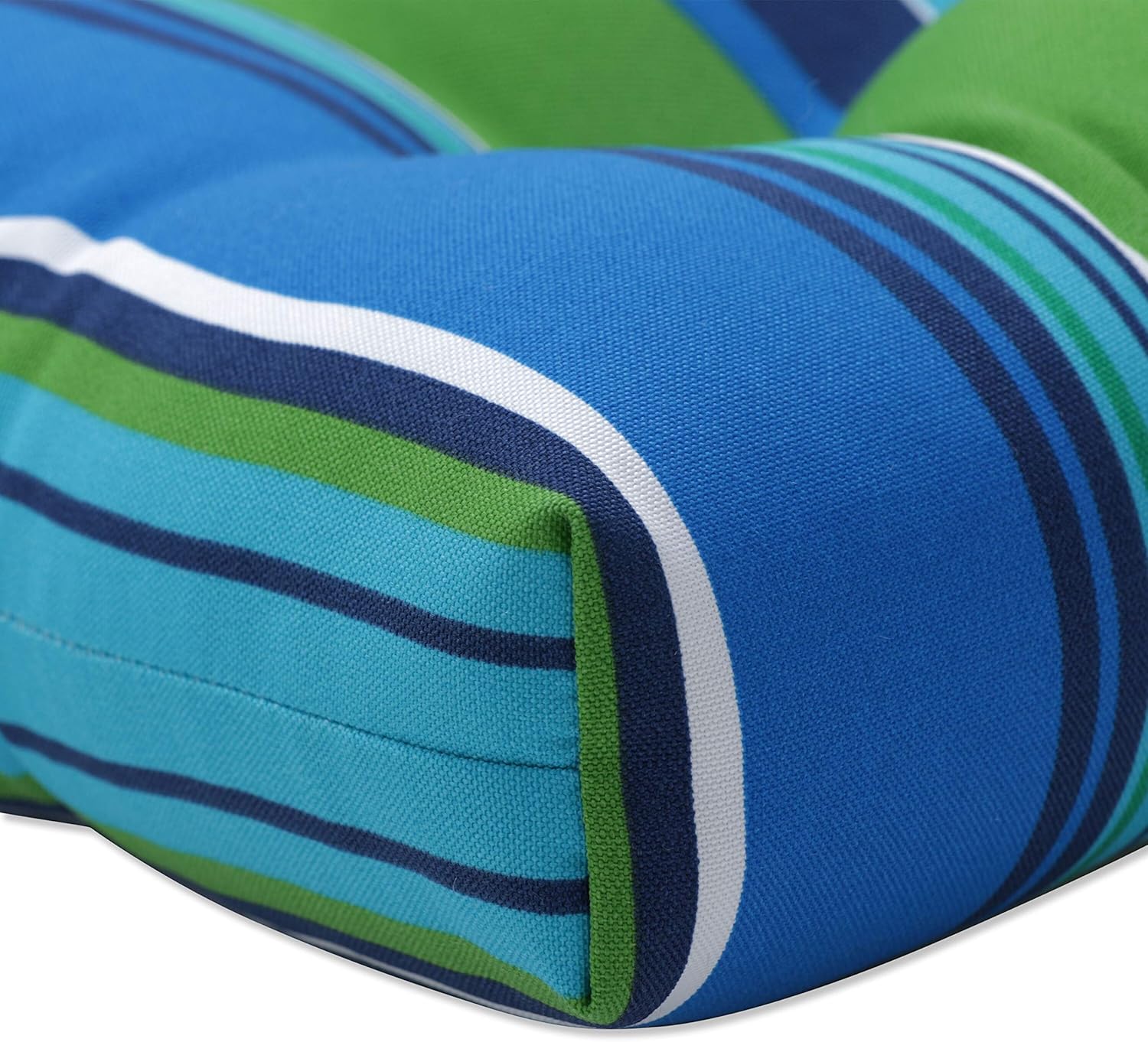 Pillow Perfect Stripe Indoor/Outdoor Chairpad with Ties, Tufted, Weather, and Fade Resistant, 17" x 17.5", Blue/Green Sea Island, 2 Count