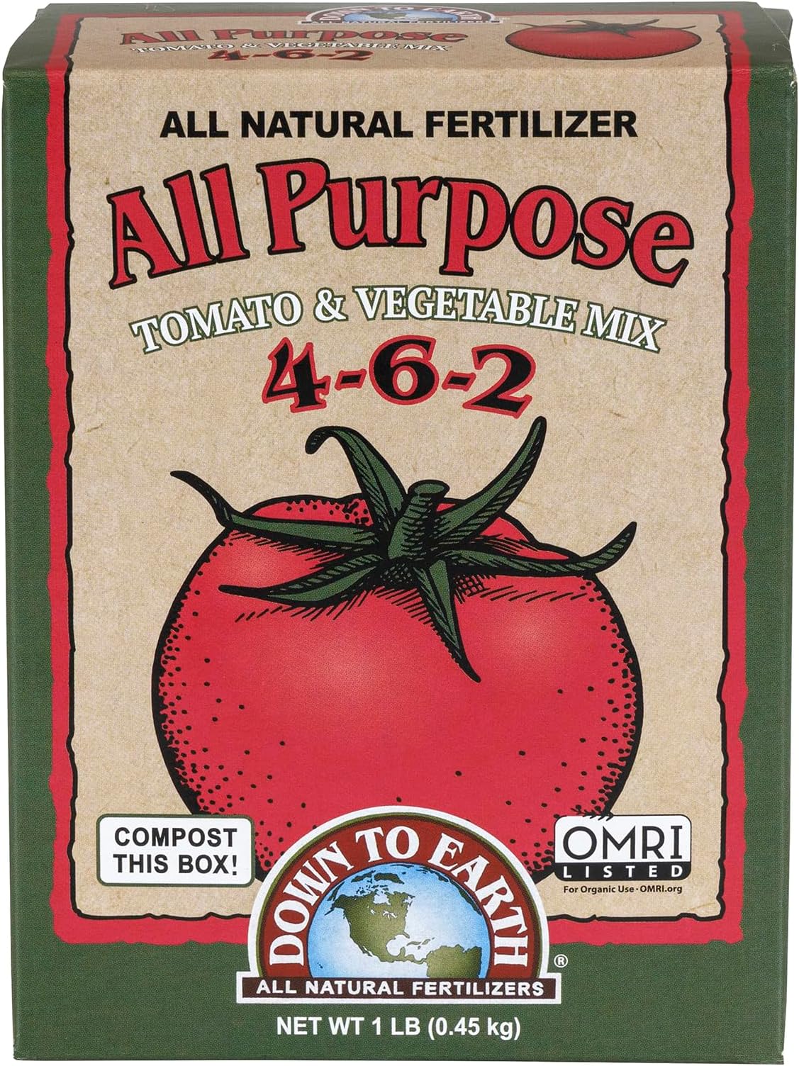 Down To Earth All Natural Fertilizers Organic All Purpose Tomato & Vegetable Mix - Plant Food for Tomatoes, Peppers, Herbs and Flowers 4-6-2, 1 lb