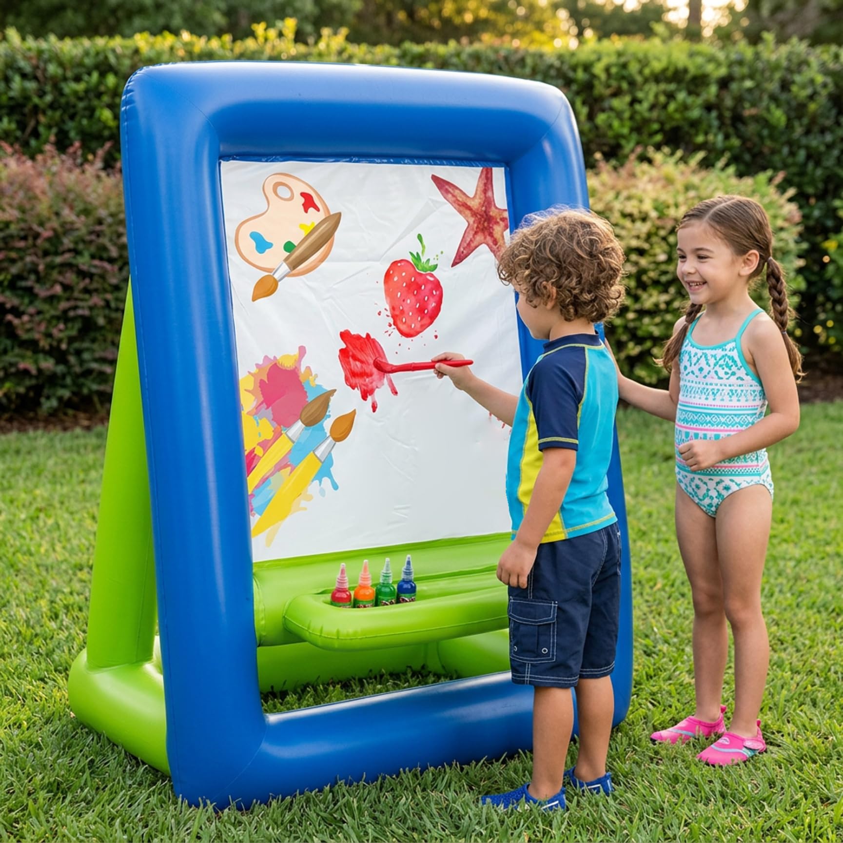 Caballete para niños Caballete de arte de PVC lavable inflable para niños pequeños pequeños para pintura y tablero de dibujo de doble cara para uso en interiores y exteriores.