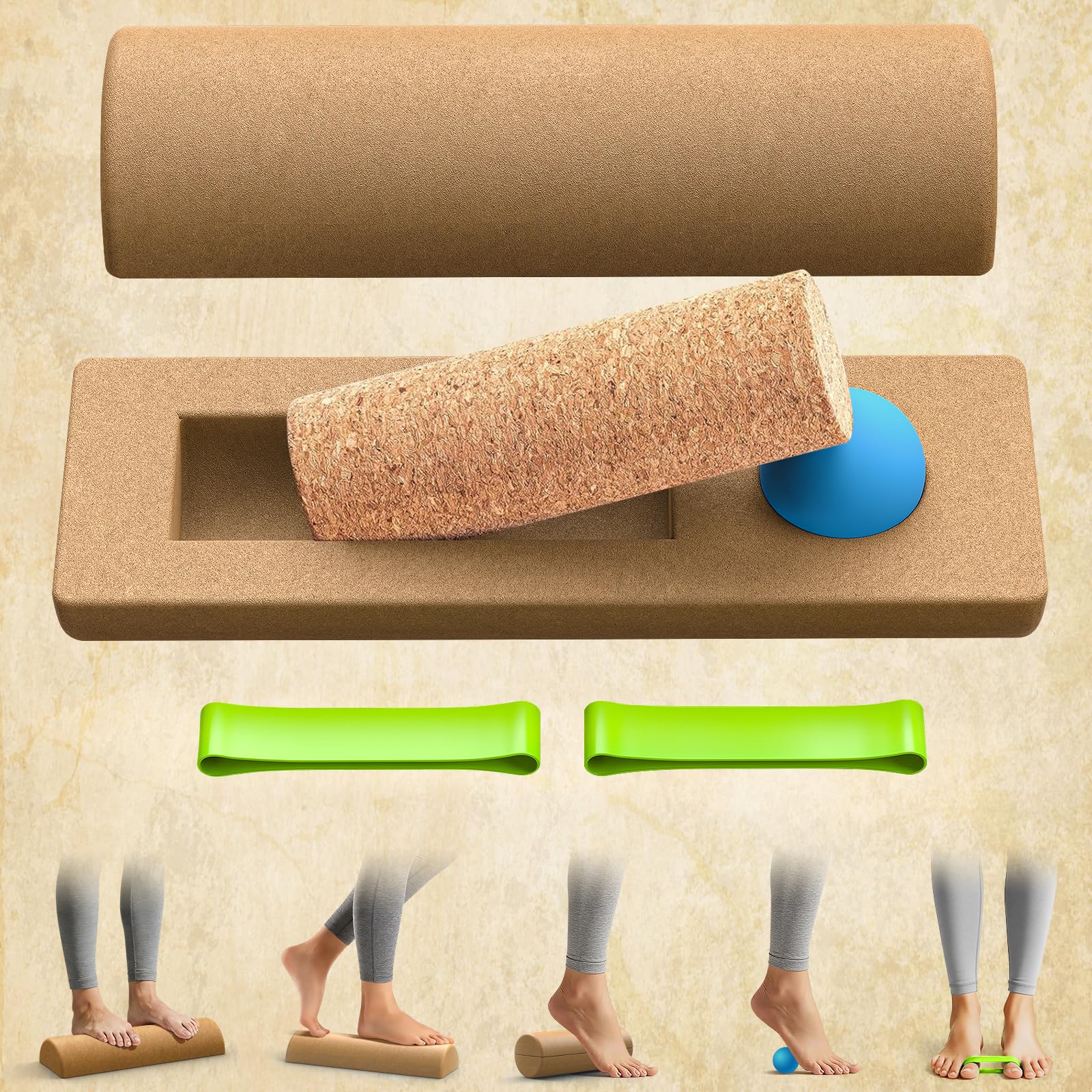 Kork Balance Board | Sprunggelenk-Stabilitätstrainer mit strukturierter Naturkorkoberfläche und Widerstandsband – zur Schmerzlinderung am Fuß und Stärkung der Sprunggelenke | Balance-Trainer