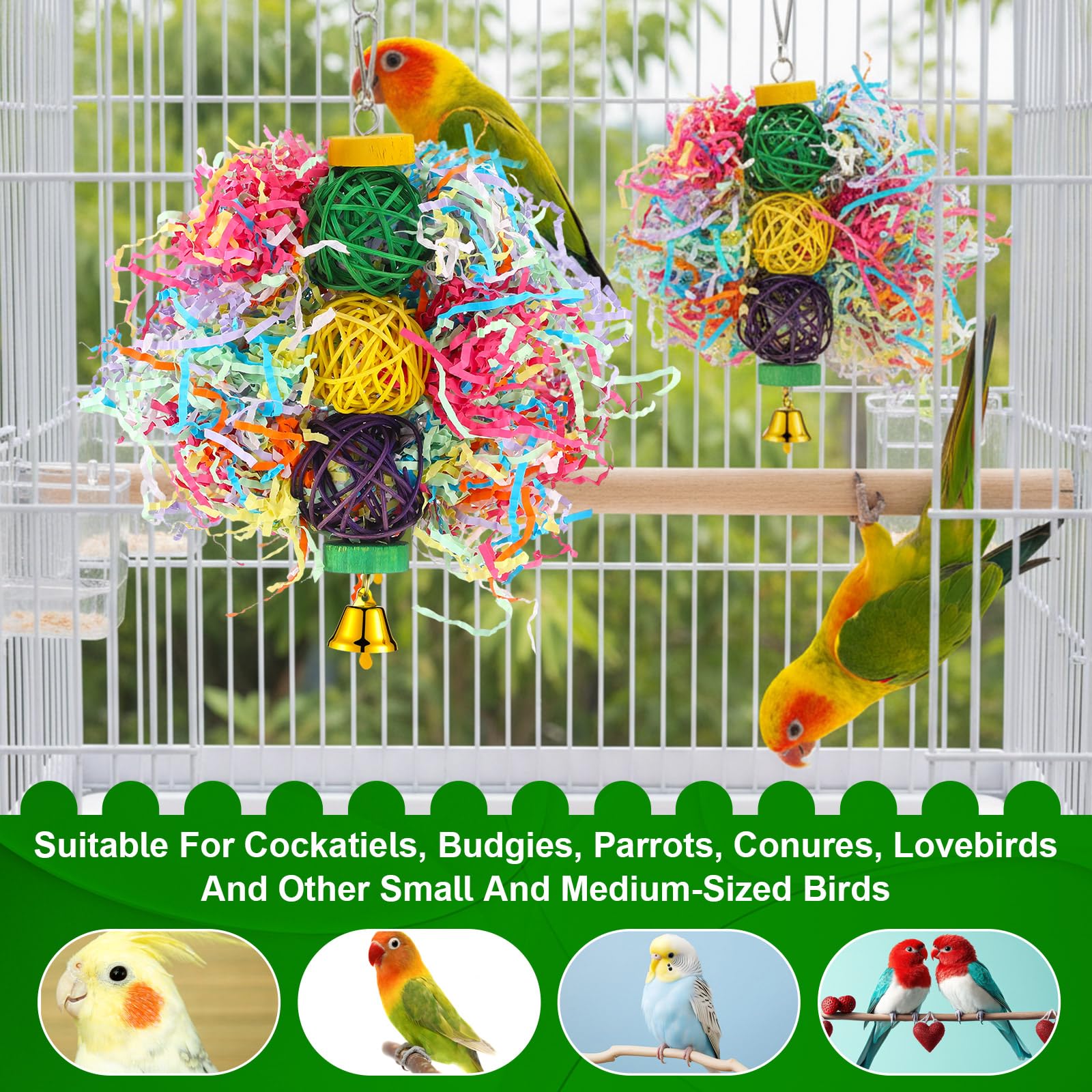 Tasdurian 6 Pcs Bird Toy Parrot Chew Toy for Large Birds Rattan Ball Crinkle Paper Bird Shredding Toys Parrots Cage Accessories with Bell for African g Parrots Cockatoos Macaws Small Medium Parrot - image 5