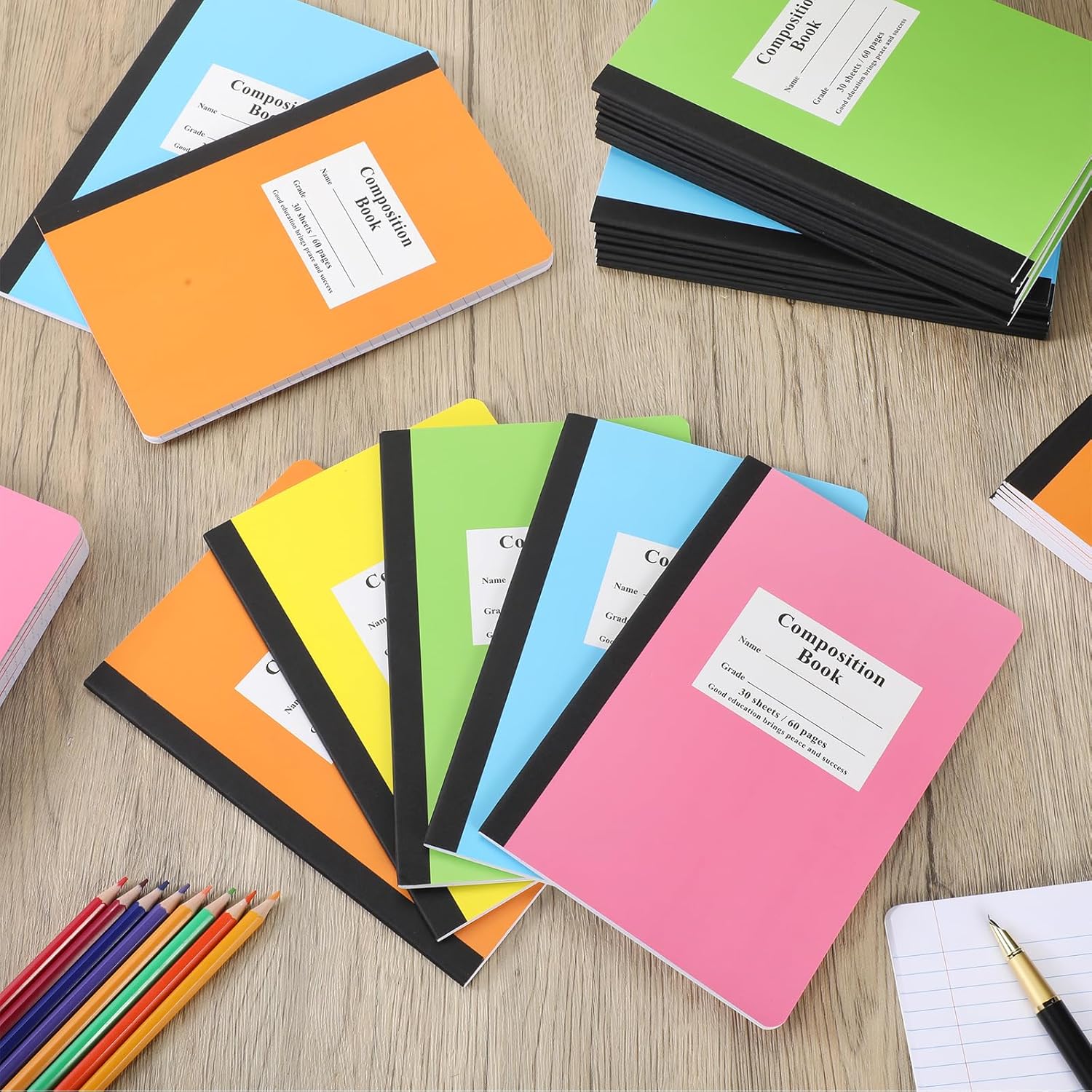 Janlaugh Composition Notebooks Bulk Wide Ruled Lined, 8.5 x 5.5 Inch, 30 Sheets/60 Pages, Back to School Supplies, First Day of School Notebooks for Teacher Student Office Supplies(100 Pack)