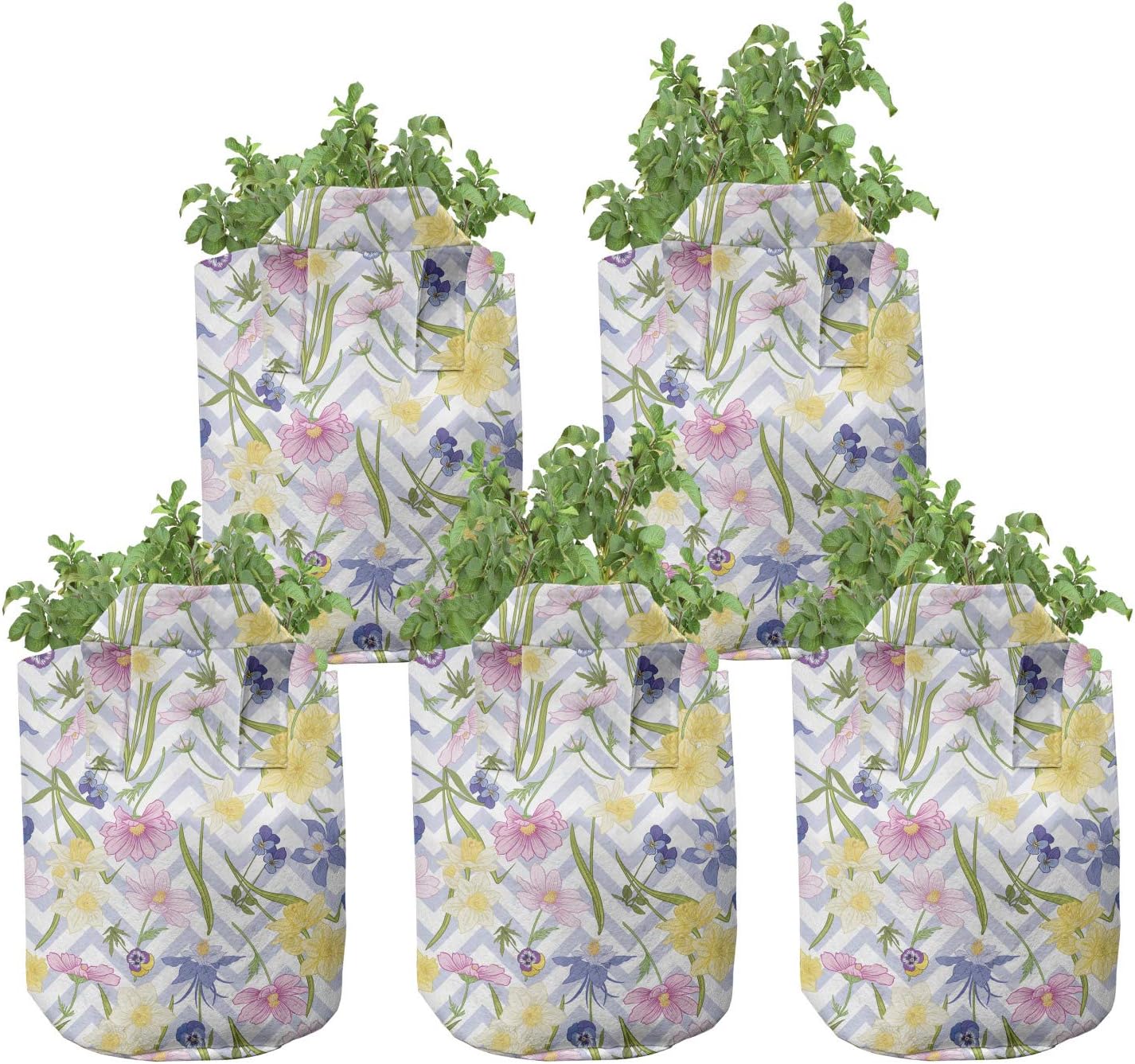 Lunarable Daffodil Grow Bags 5-Pack, Chevron Anemone Flowers, Heavyduty Fabric Pots with Handles for Plants, 5 Gallon, Multicolor