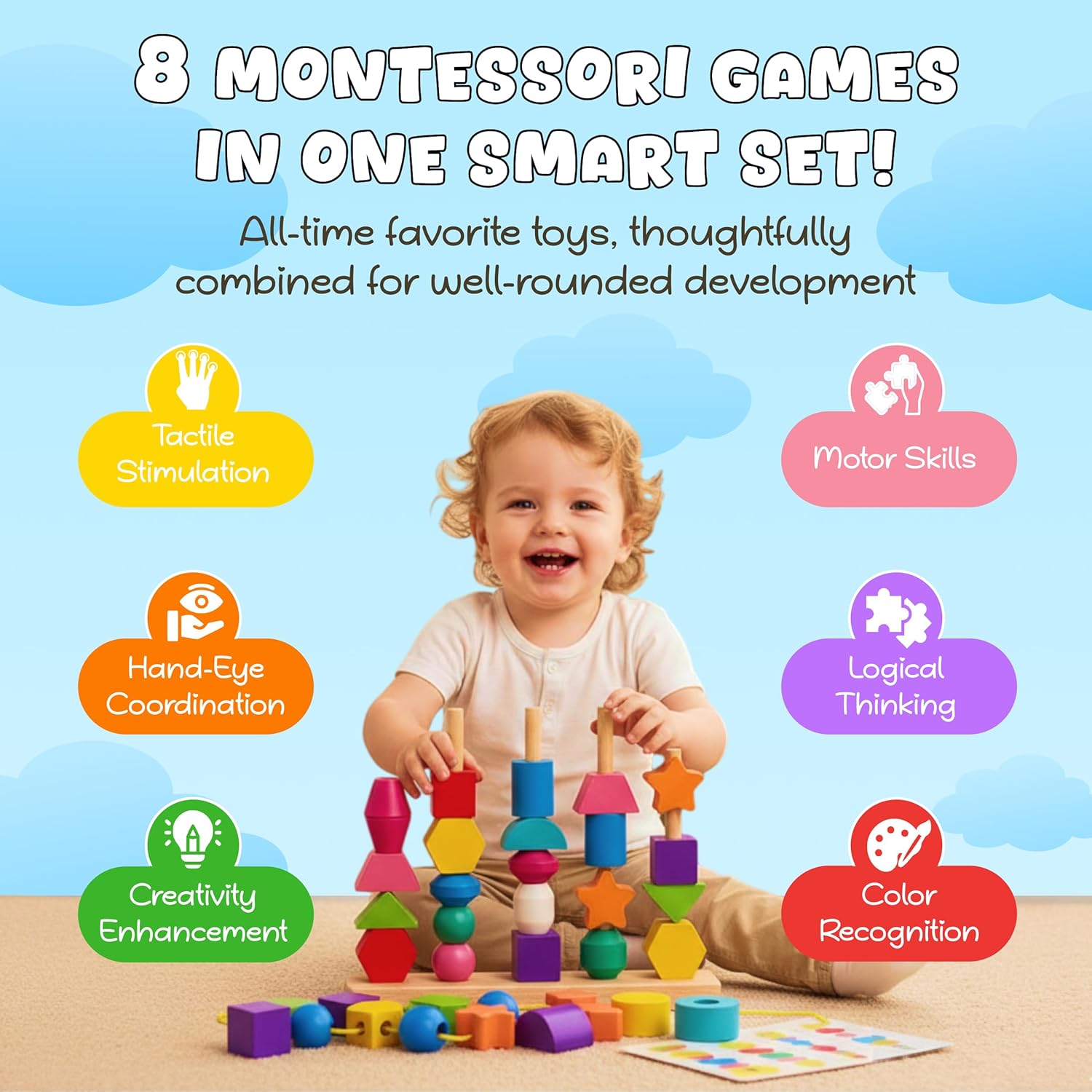 8-in-1 Busy Hands Fine Motor Skills Toys Kit for Toddler, Montessori Toys Set for 3+ Years Old, Learning & Education Toys, Color Shape Sorter, Stacking Toys, STEM, Wooden Toys
