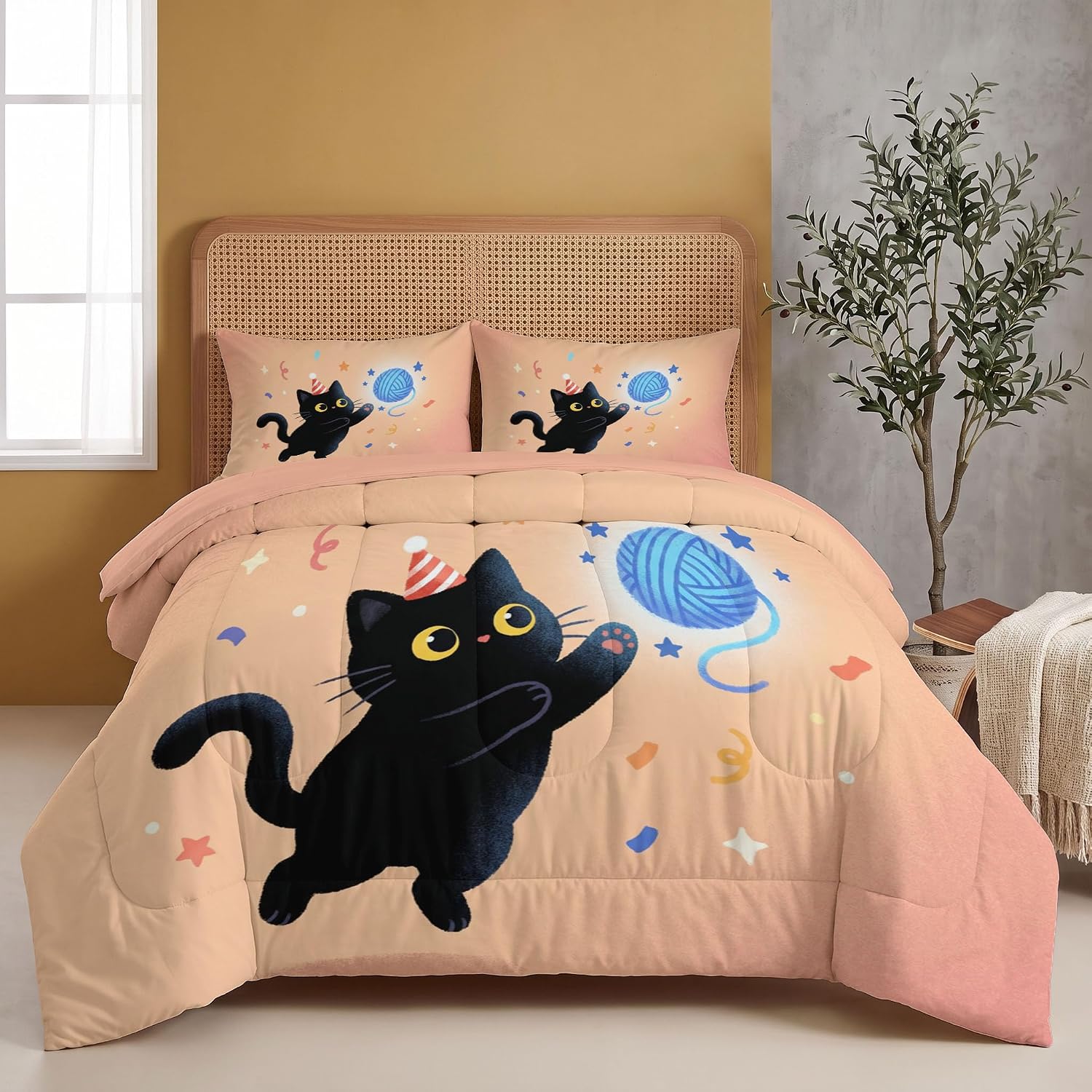 Cute Animals Comforter Set Full Size, Starry Sky Cat Bedding Set for Girls Boys, Light Orange Quilt Bed 79"X90" Bedding Comforter Sets with 2 Pillowcase Room Decor