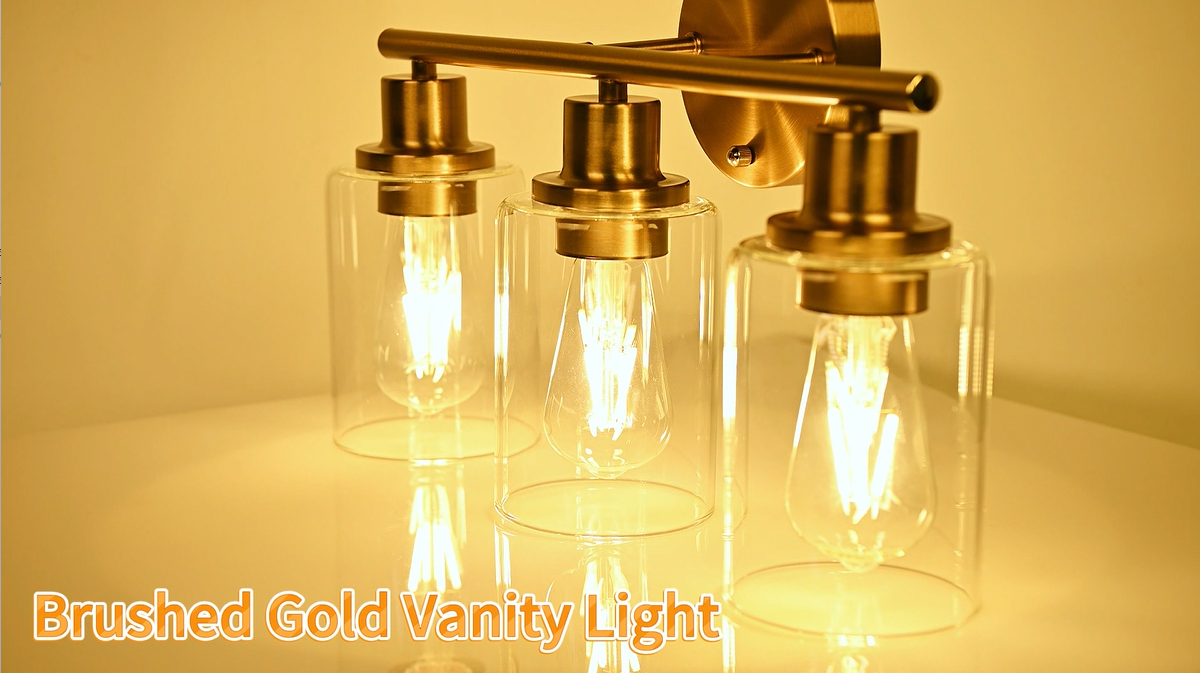 Image of 3-Light Gold Bathroom Light Fixtures, Modern Bathroom Vanity Light with Clear Glass Shade, Brushed Gold Bath Wall Mount Lights, Wall Lamp for Mirror Kitchen Bedroom Hallway Living Room Hallway