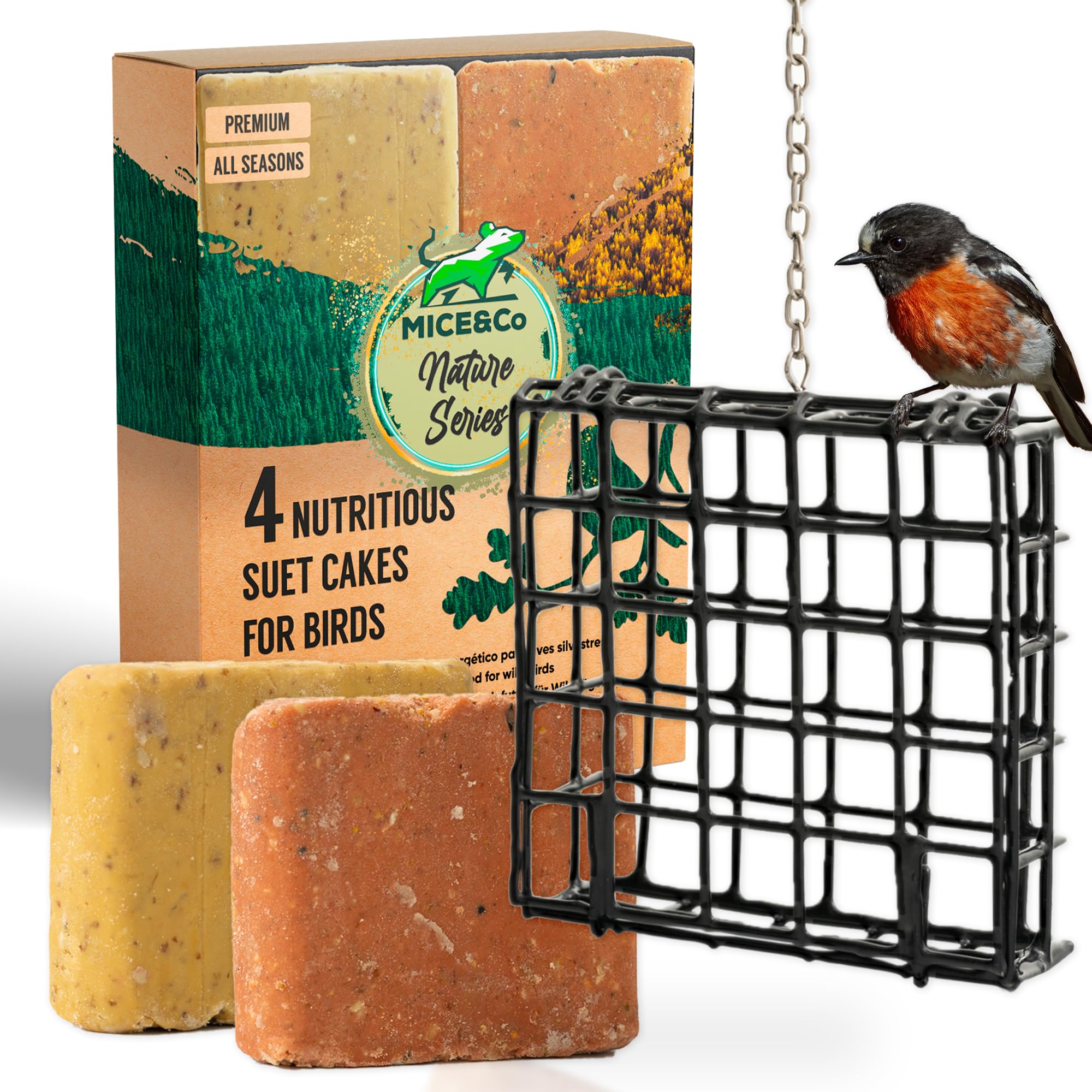Mice&Co Suet Block Wild Bird Feeder - Hanging Feeder Station Pre-Filled with Premium Suet Cakes - Outdoor Garden Feeder