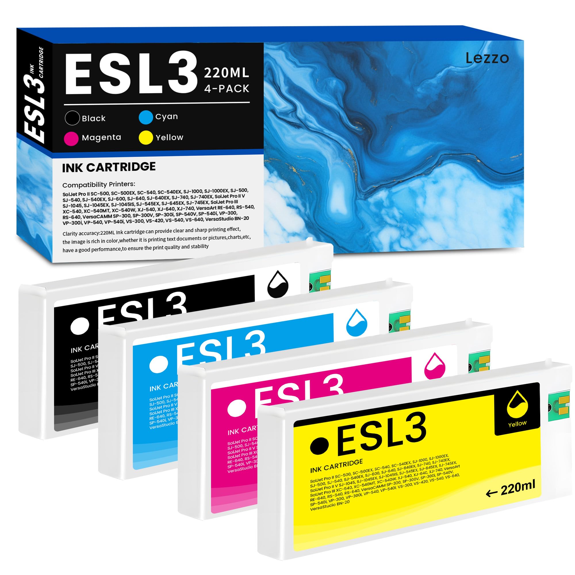 Lezzo ESL3 Compatible for Roland ECO-SOL MAX Ink Cartridge 220ml, ESL3 Ink Cartridges ESL3-CY ESL3-MG ESL3-YE ESL3-BK Ink Cartridges 4-Pack ECO-SOL