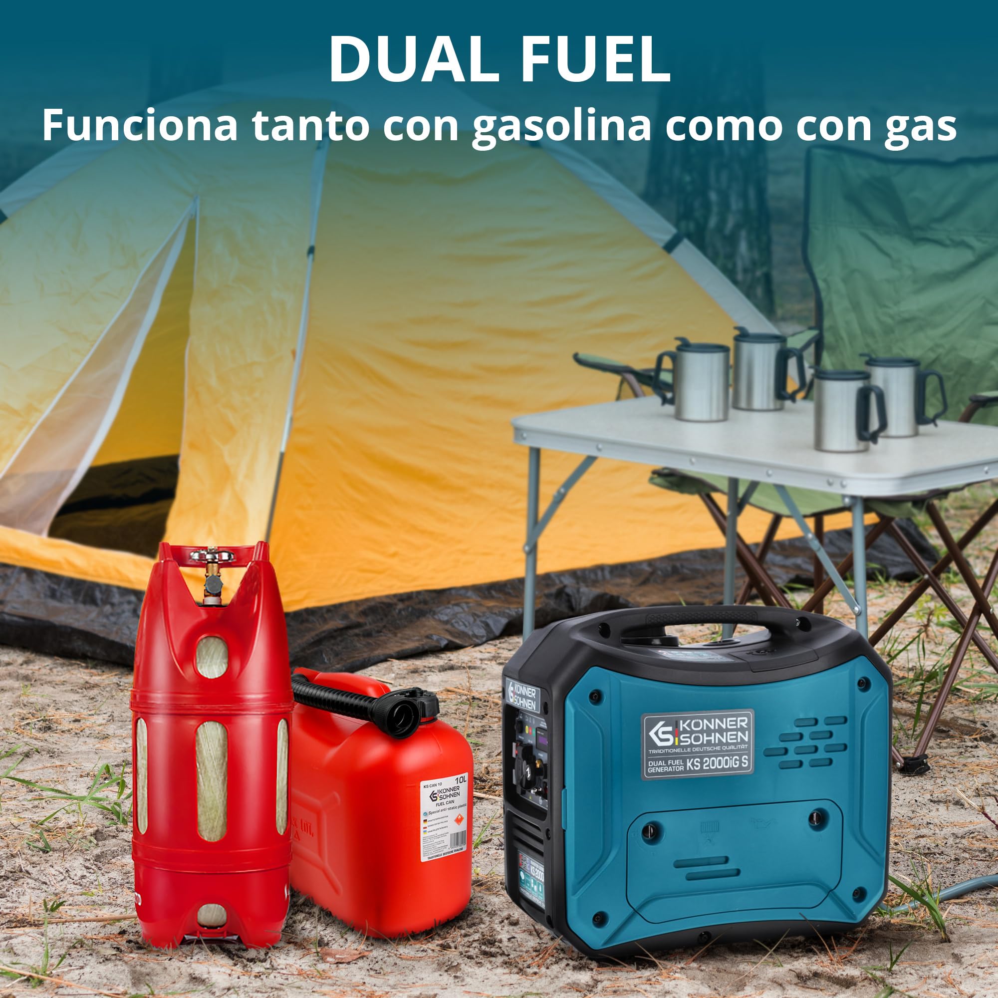 Generador inverter híbrido gas/gasolina Könner & Söhnen KS 2000iG S, 2000 W, carcasa insonorizada (62 dB), Schuko 230V, LED, modo eco, cobre, protección, EURO 5