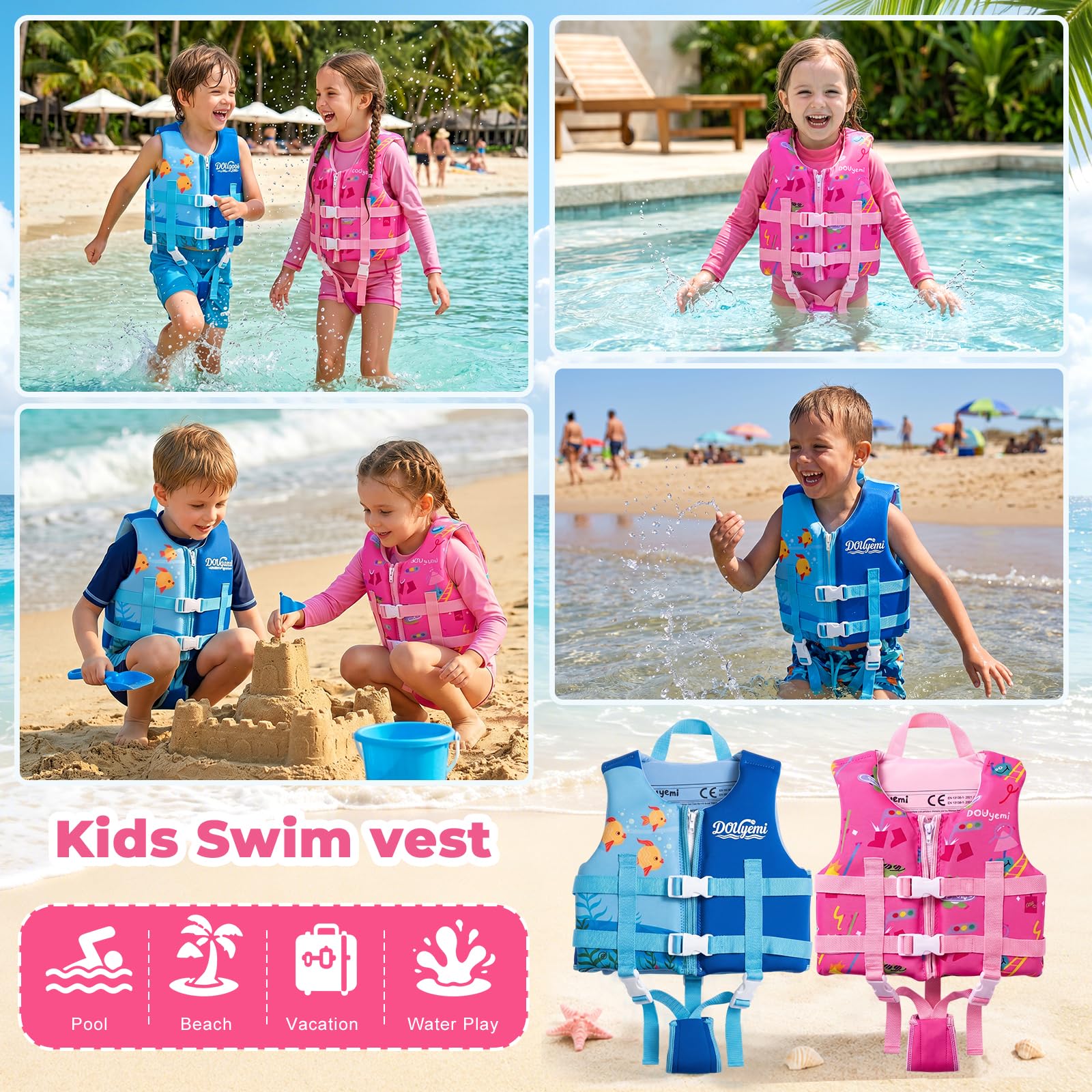 Chaleco de Natación para Niños Chaleco Flotador Bebe Kids Swim Vest Float Jacket, Chaleco de Piscina con Tirantes Dobles Ajustables, Ayuda de Natación a Partir de 2 a 3 Años para Niños