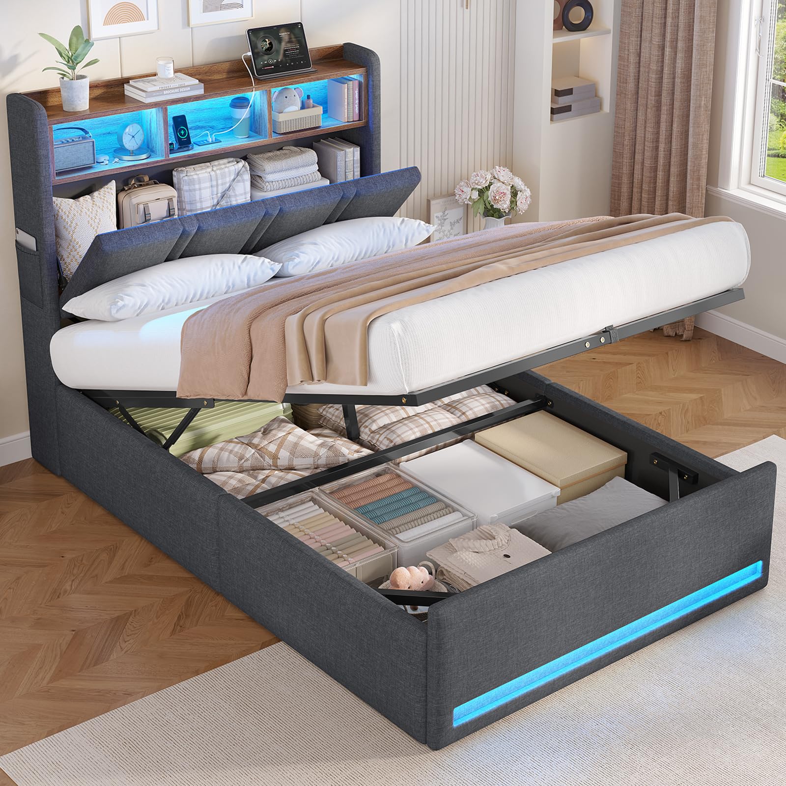 AOGLLATI Single Ottoman Bed with Lift-up Storage 90x190 cm, Dark Grey