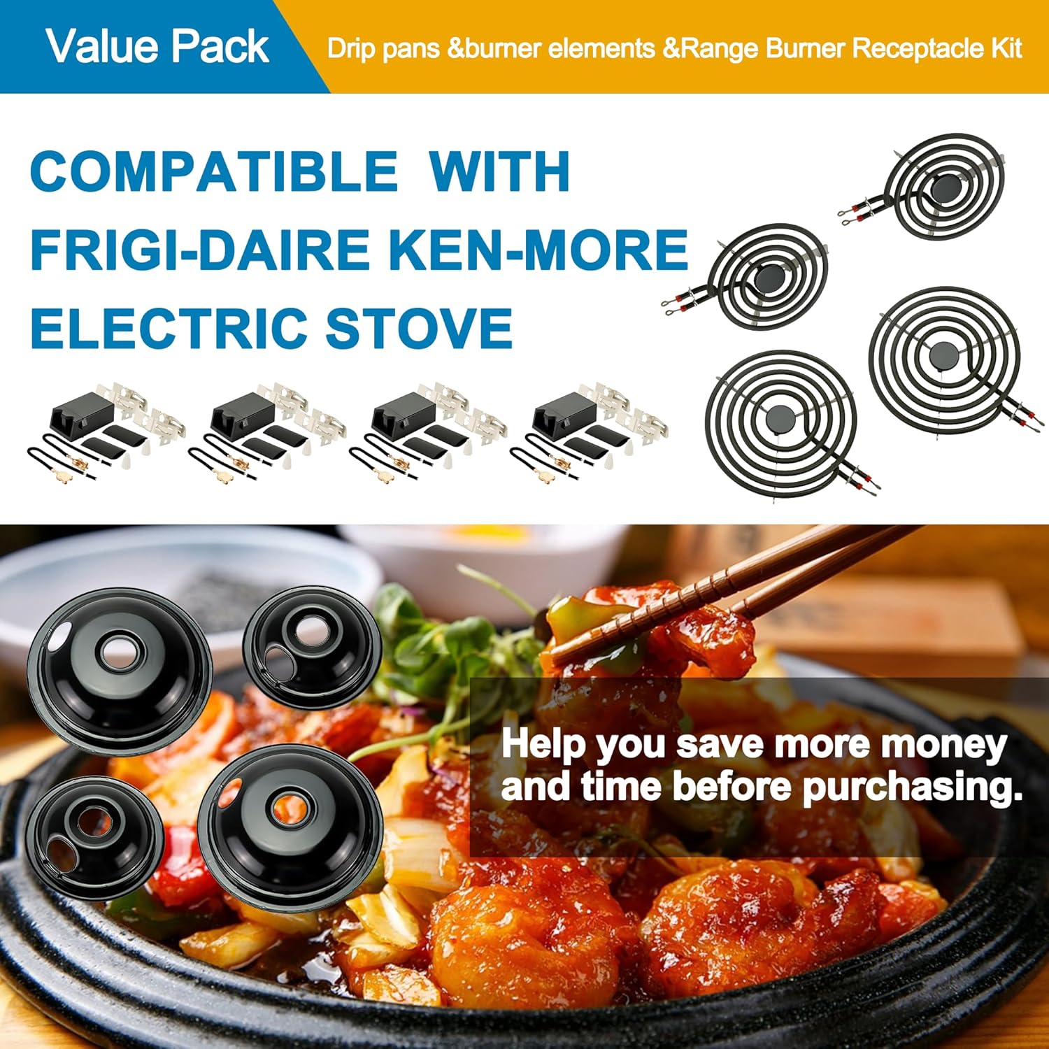 Black Drip Pans Porcelain and MP22YA Stove Burner Elements Set with 330031 Range Burner Receptacle Kit Compatible with Tanp-pan Ken-more Frigi-daire Electric Stove Burner Replacement by Fetechmate