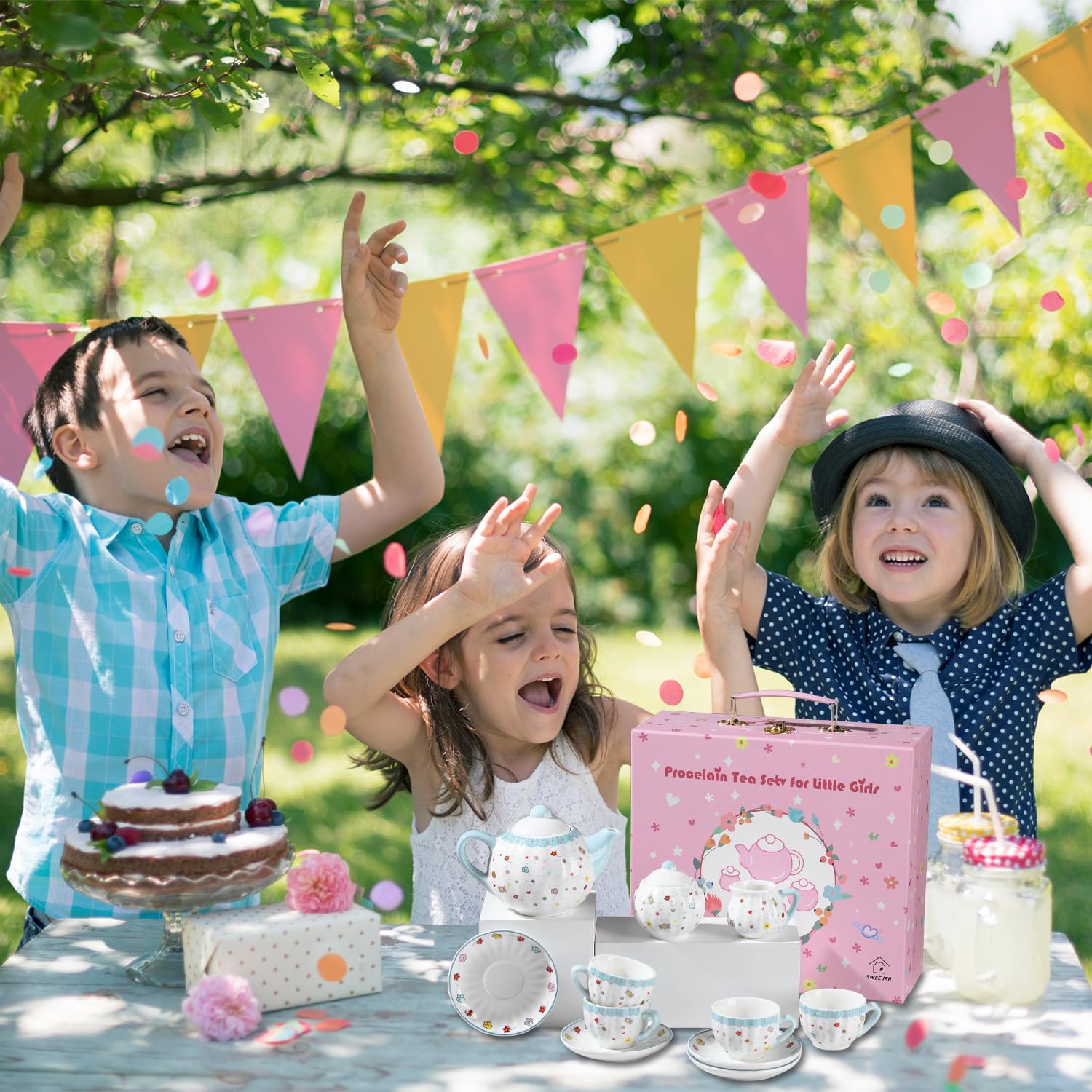 Sweejar Porcelain Tea Set for Little Girls,Kitchen Toys Tea Party Set for Kids Toddler Kitchen Pretend Toy Include Children Teapot, Cup & Saucer Set of 4, Sugar Bowl and Cream Pitcher(Sweet)
