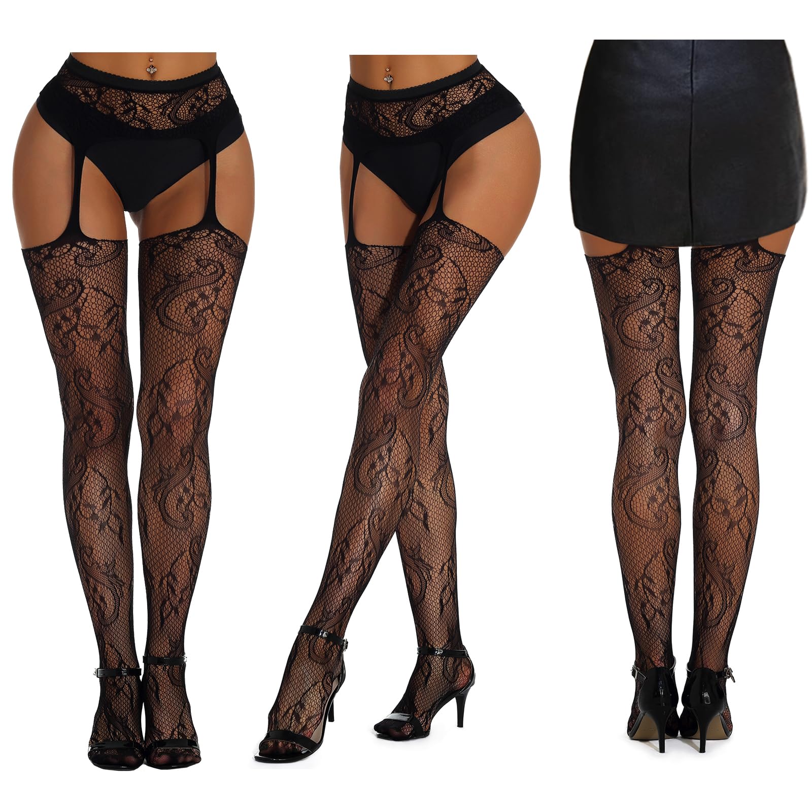 SOUTHRO 5 Pairs Fishnet Thigh High Garter Stockings Patterned Tights for Women,Garter Belt Set & Suspender Pantyhose for Girl