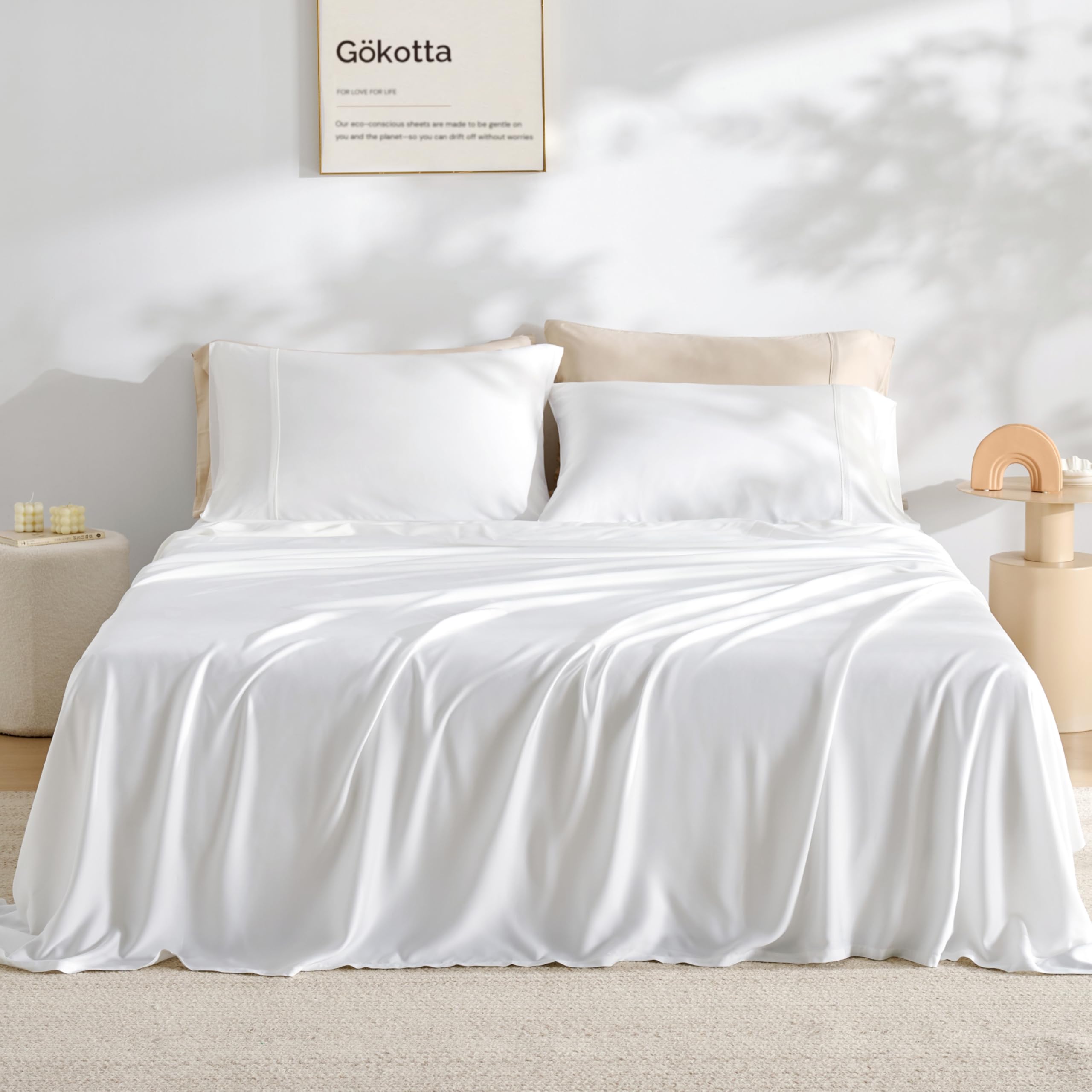 GOKOTTA FSC® Certified Bamboo Rayon Sheets King Size, 16 Inch Pocket Fitted Sheet with Elastic Corner Straps,Cooling Breathable Luxury and Soft Bed Sheets 4 Piece (Bright White, King)