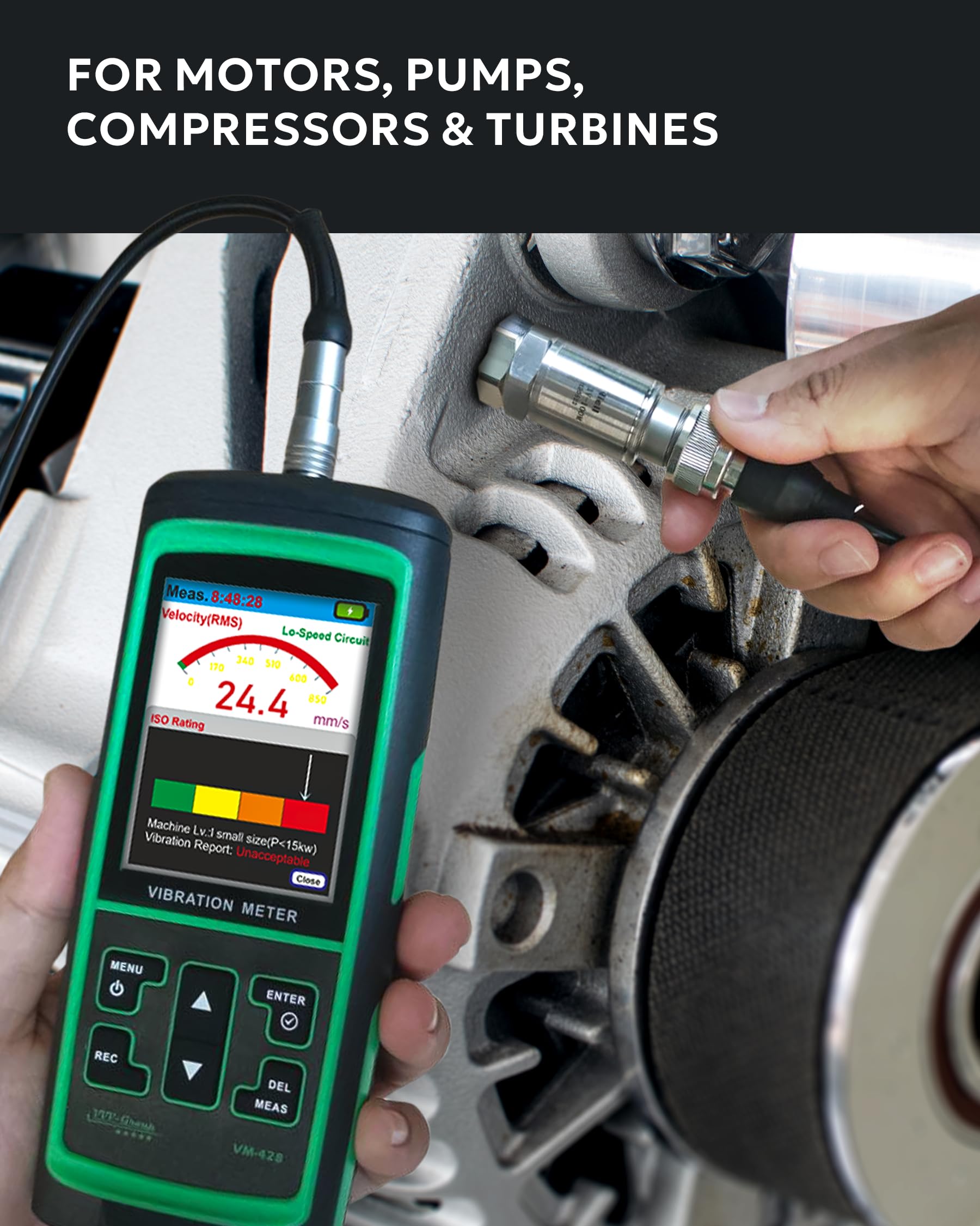 Industrial Vibration Meter – VM-428 Analyzer with External Sensor & PC Software, Acceleration 0.1–300 m/s², Velocity 1–850 mm/s, Displacement 1–3300 µm, 30Hz–14kHz, ISO Machine Rating — Amazon image 8