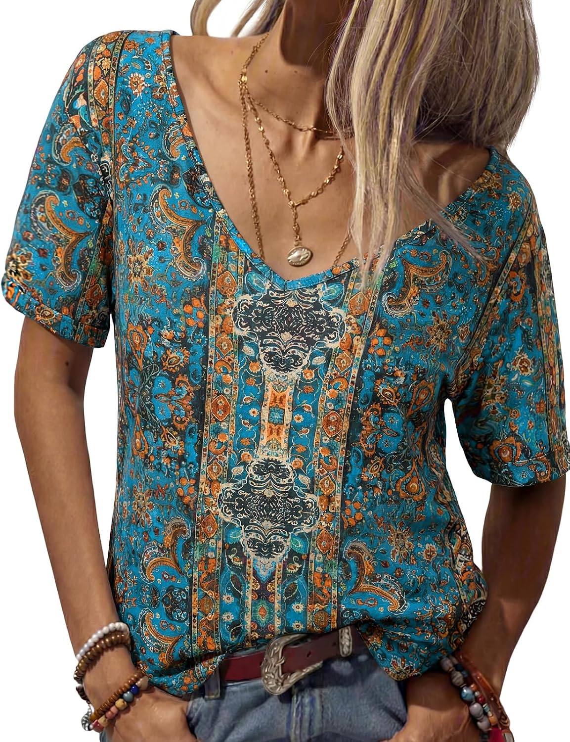 Danedvi Women Fashion Deep V-Neck Short Sleeve Tops Solid Casual Loose Basic T Shirt